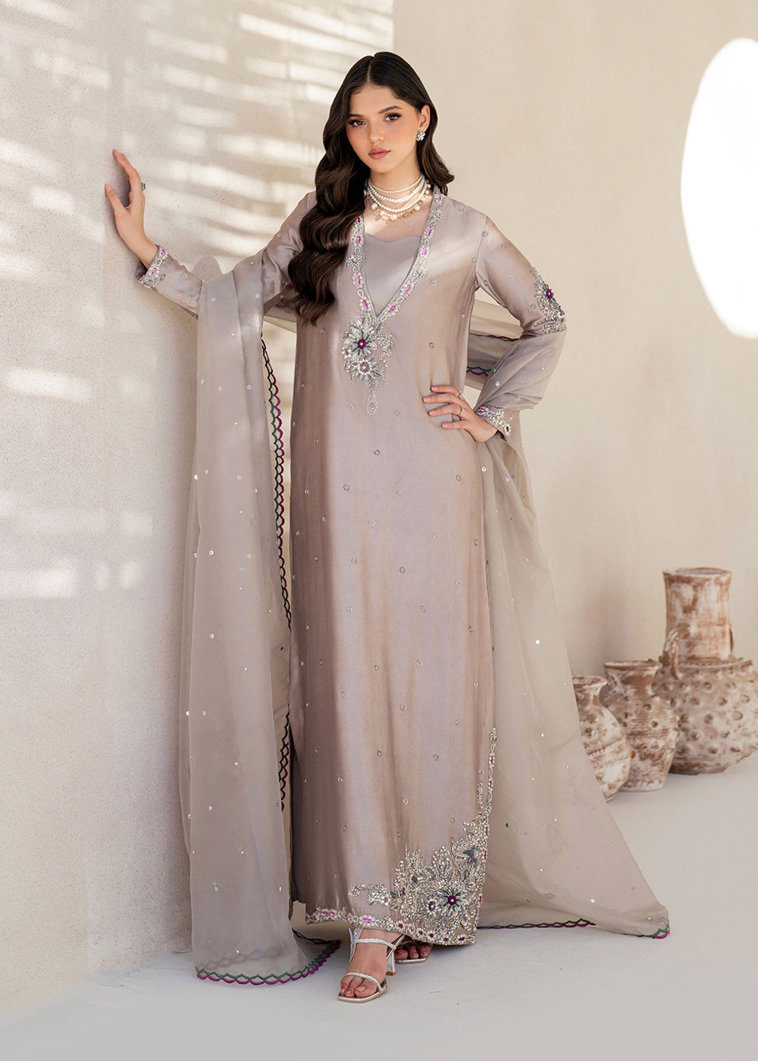Dastoor | Maahi Luxury Pret 25 | Eris XS Cloud Gray Tissue Silk