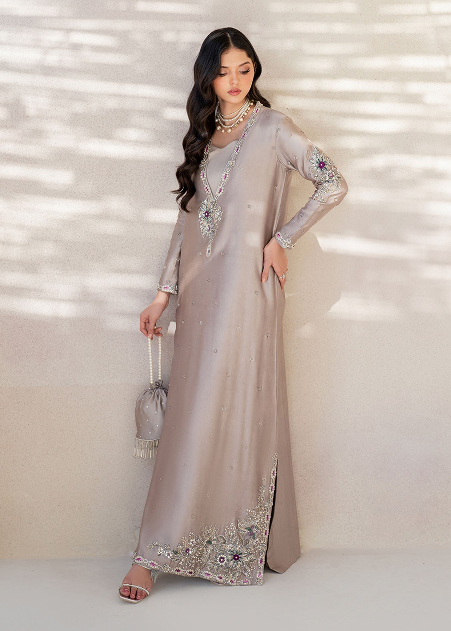 Dastoor | Maahi Luxury Pret 25 | Eris S Cloud Gray Tissue Silk