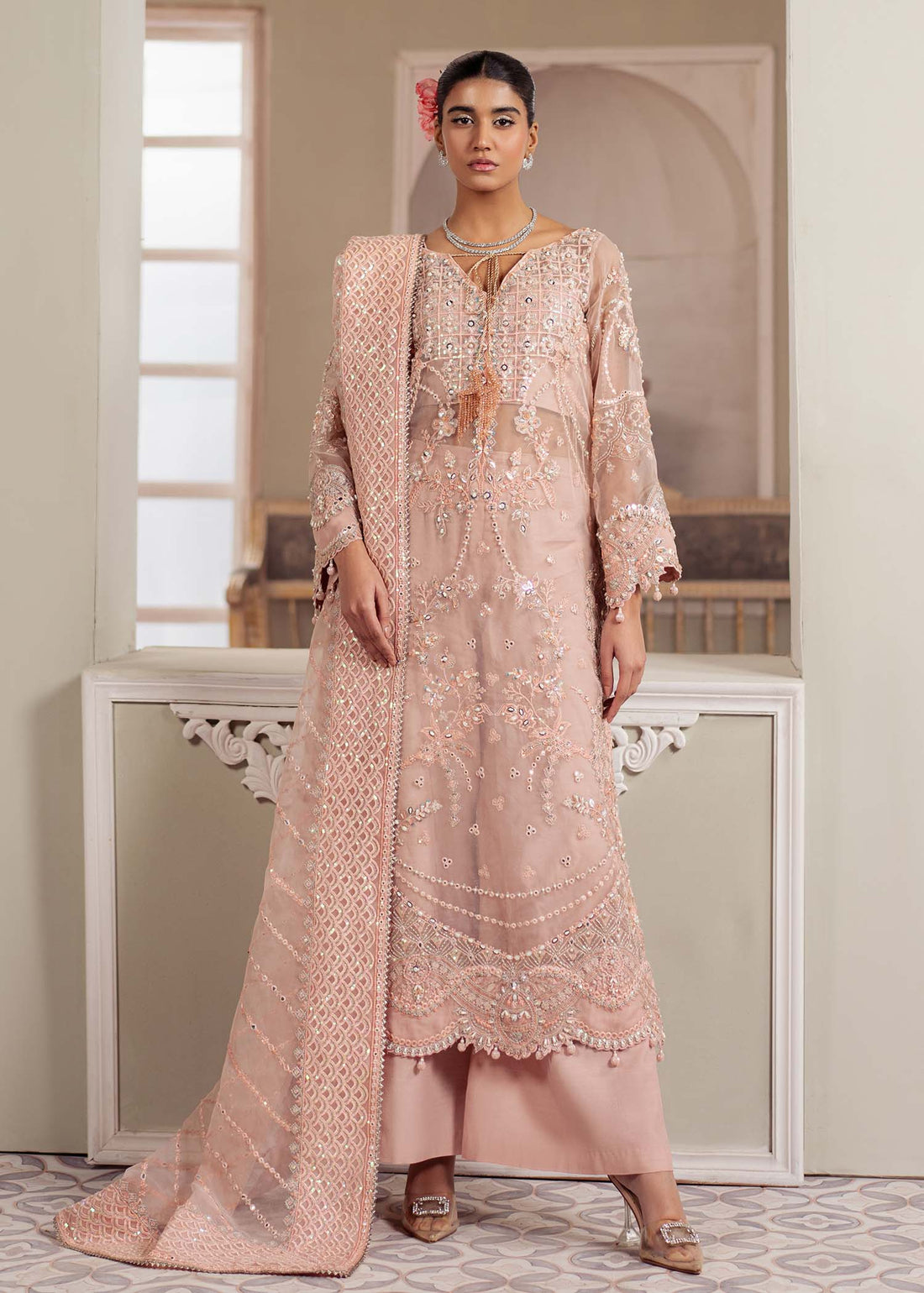 Dastoor | Airah Festive 25 | Chantilly XS Peach Pink Organza