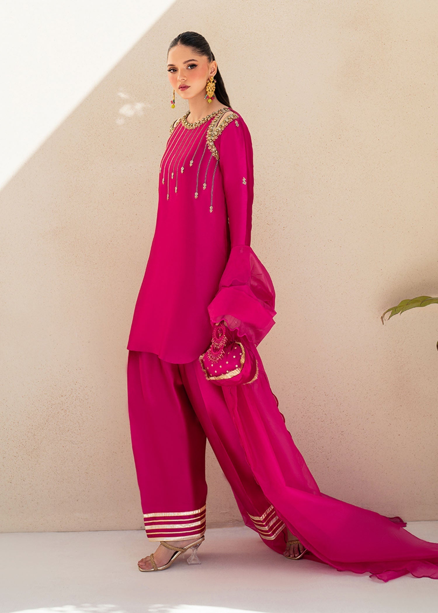 Dastoor | Maahi Luxury Pret 25 | Fuchsia Rose XL Hot Pink Tissue Silk