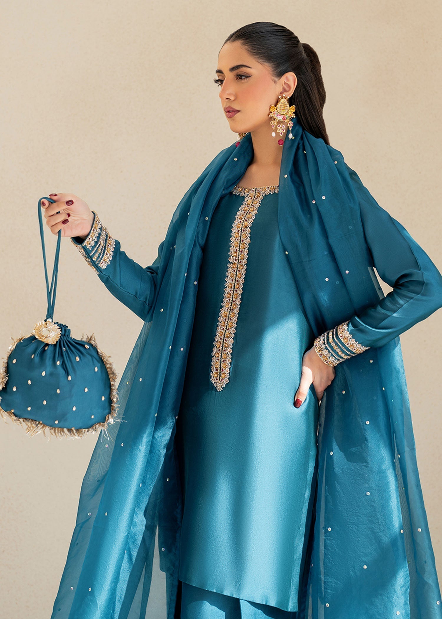 Dastoor | Maahi Luxury Pret 25 | ELISA L Teal Blue Tissue Silk
