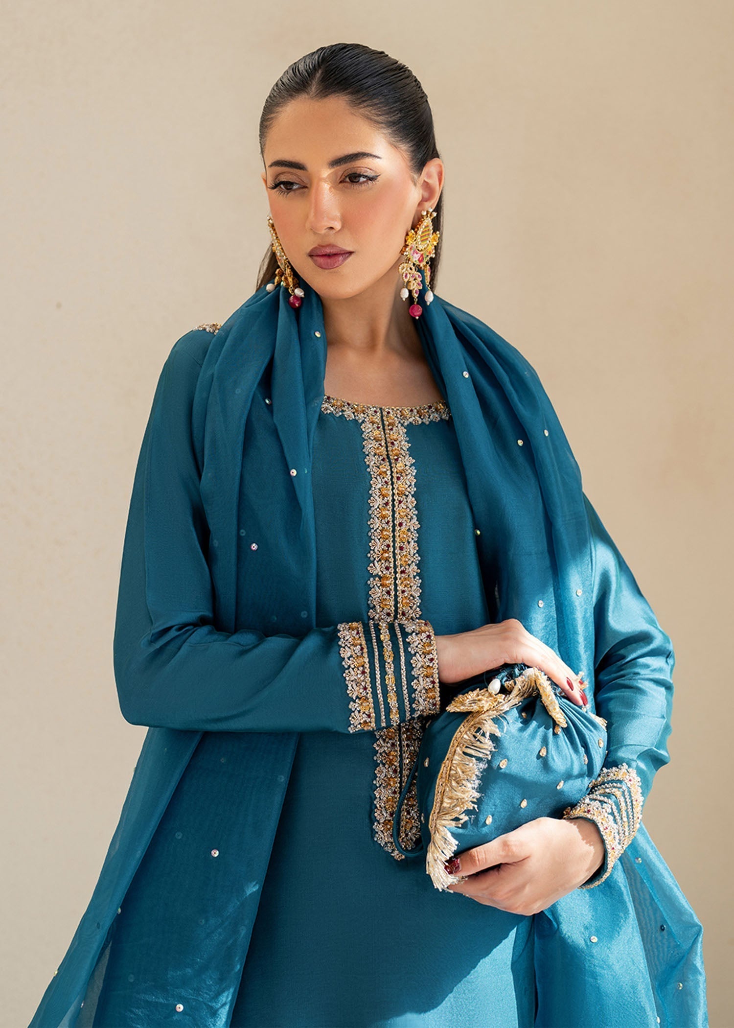 Dastoor | Maahi Luxury Pret 25 | ELISA M Teal Blue Tissue Silk