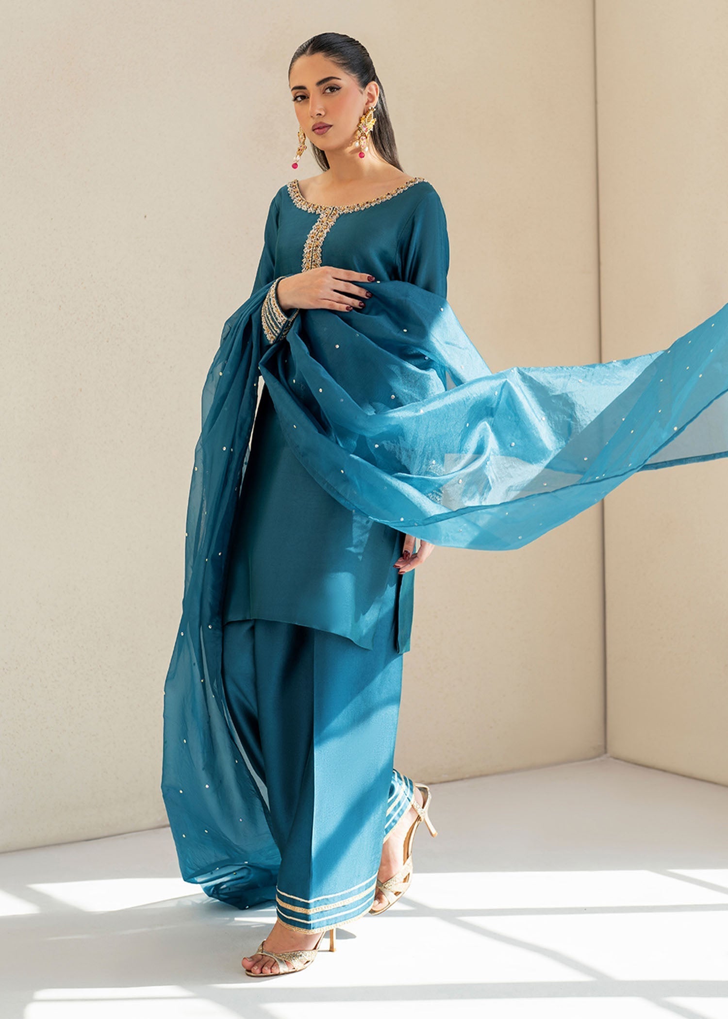Dastoor | Maahi Luxury Pret 25 | ELISA S Teal Blue Tissue Silk