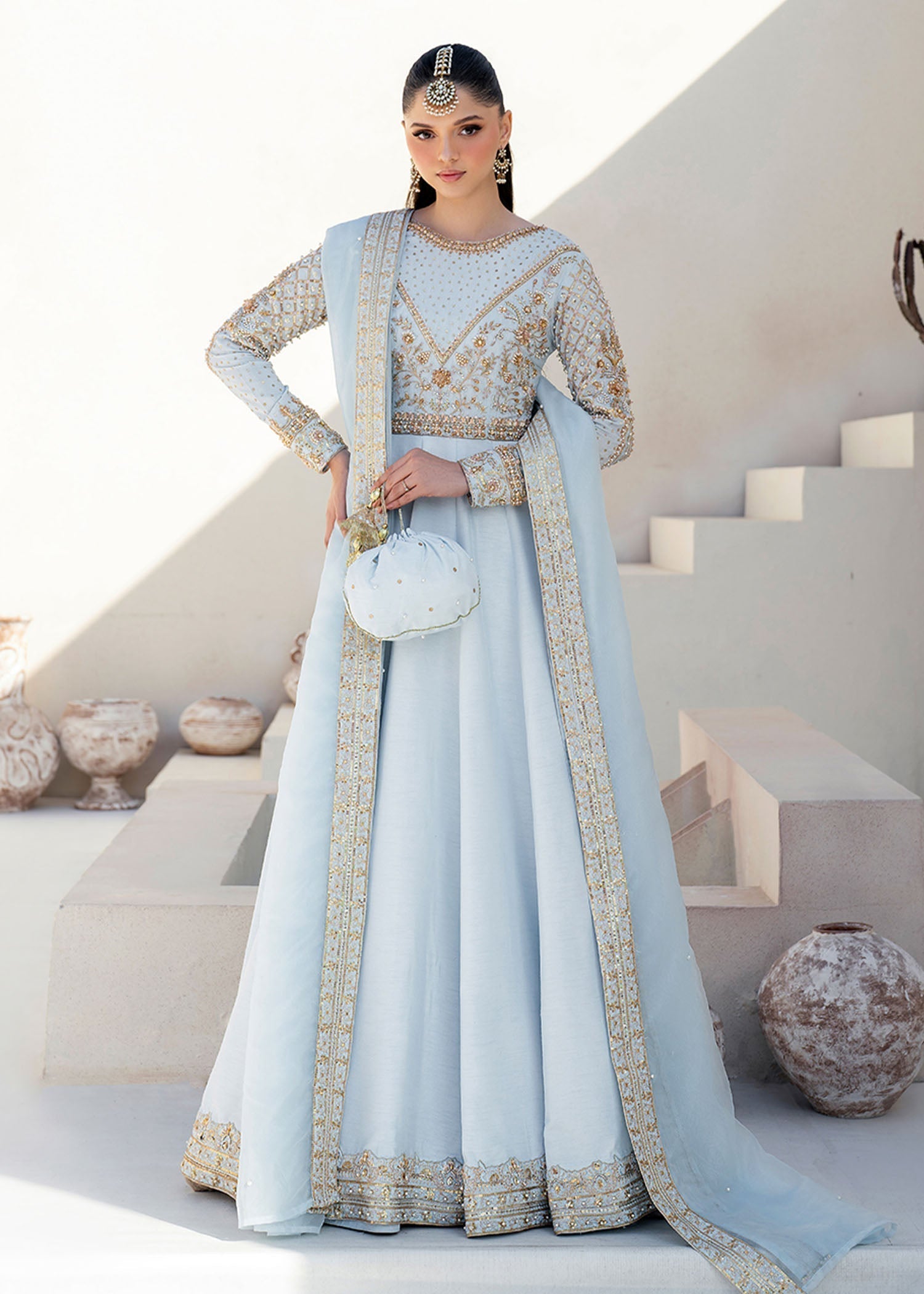 Dastoor | Maahi Luxury Pret 25 | Hoor S Ice Blue Korean Silk