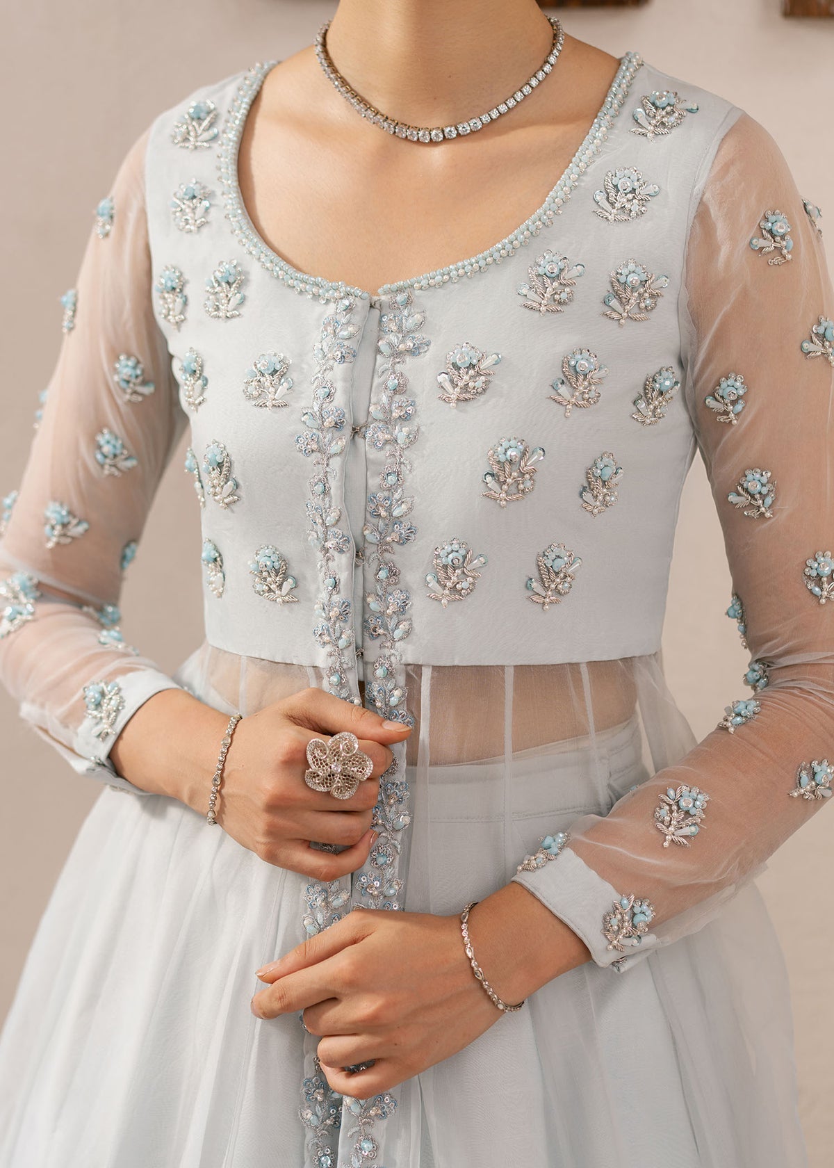 Dastoor | Rania Luxury Pret 25 | Mayal L Ice Blue Organza
