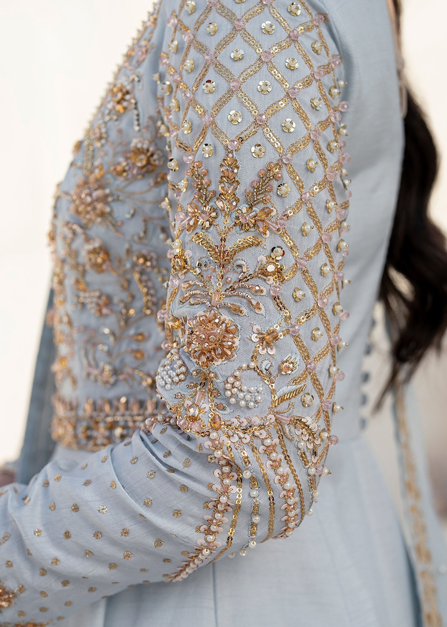 Dastoor | Maahi Luxury Pret 25 | Hoor L Ice Blue Korean Silk