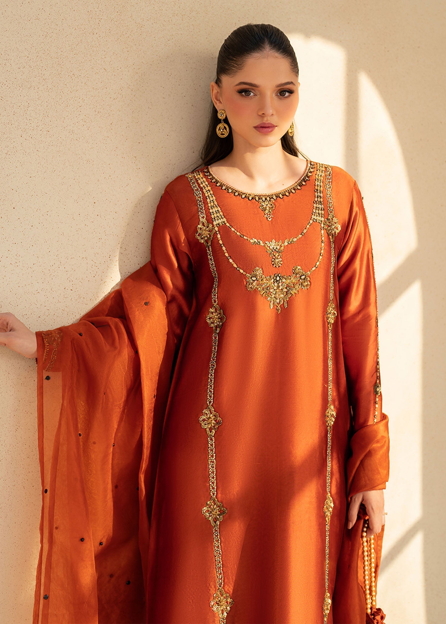 Dastoor | Maahi Luxury Pret 25 | Camilla L Rust Tissue Silk