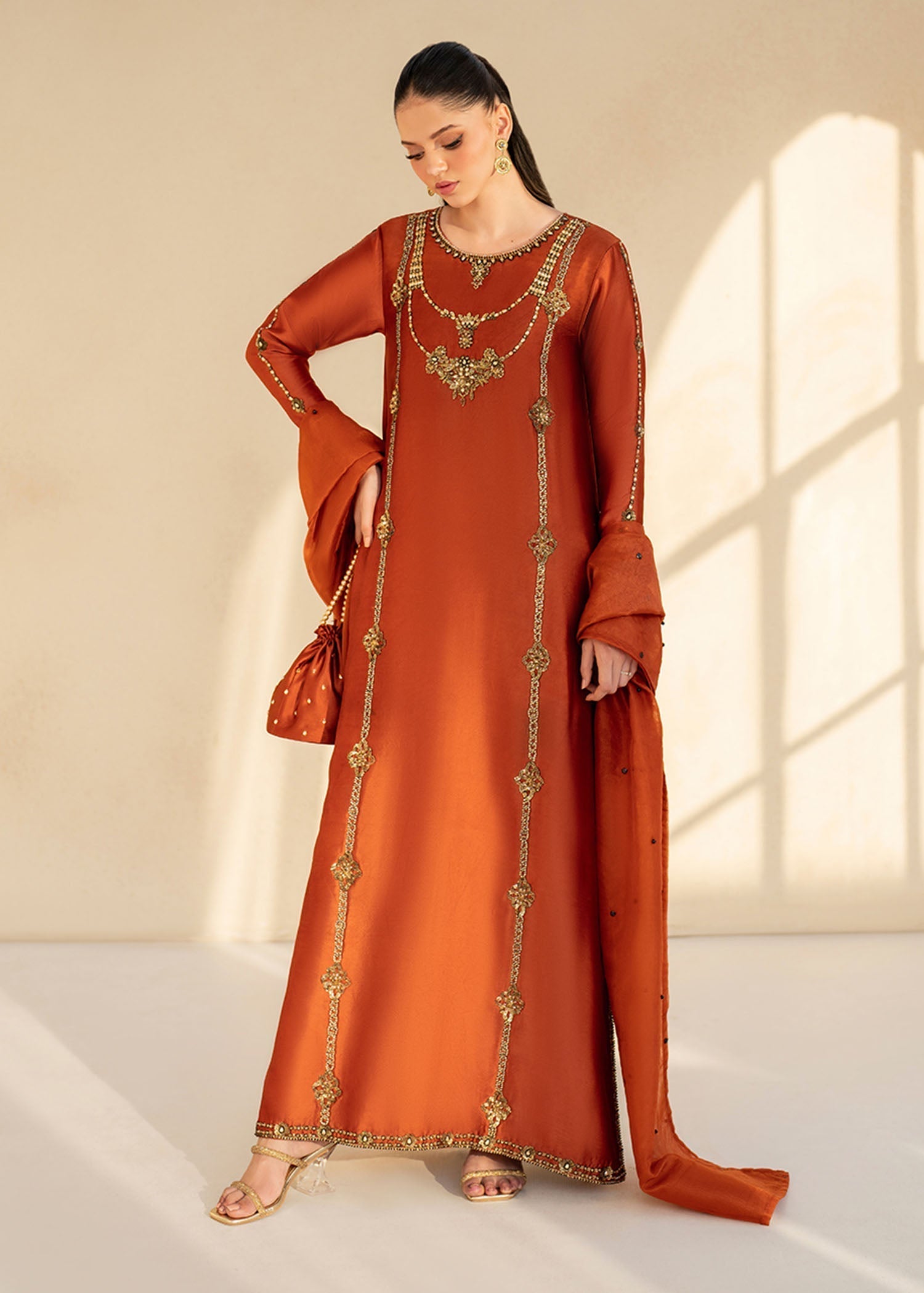 Dastoor | Maahi Luxury Pret 25 | Camilla M Rust Tissue Silk