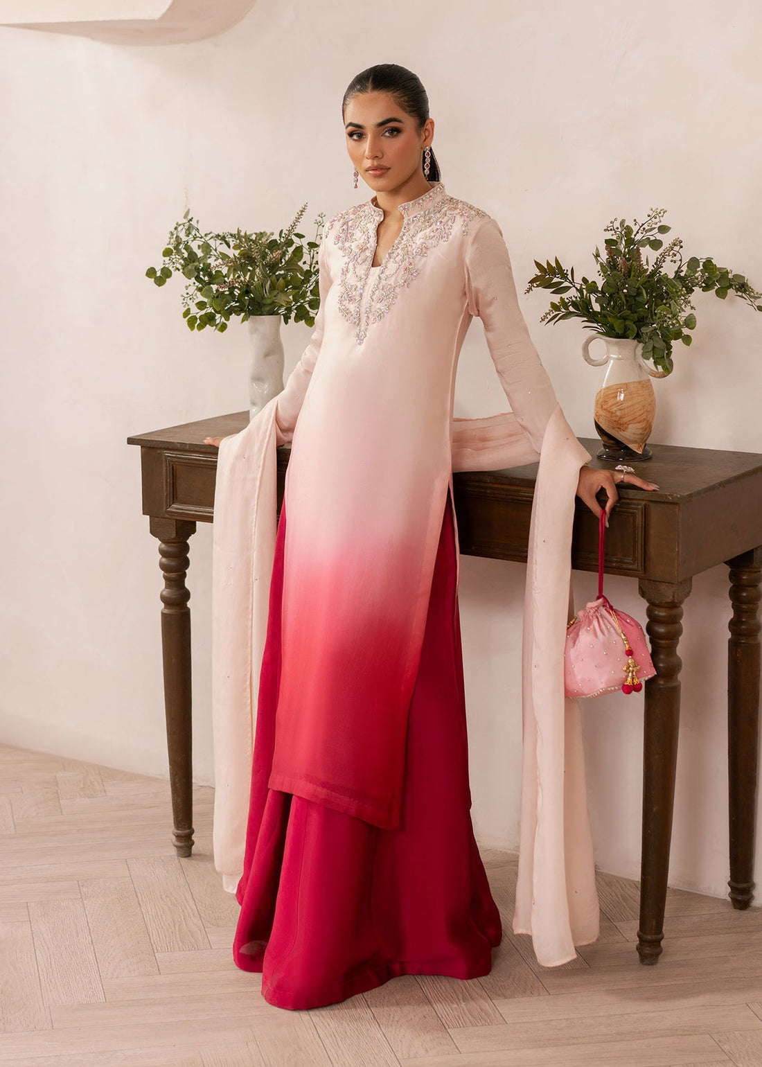 Dastoor | Rania Luxury Pret 25 | Coral XS Omber Tissue Silk