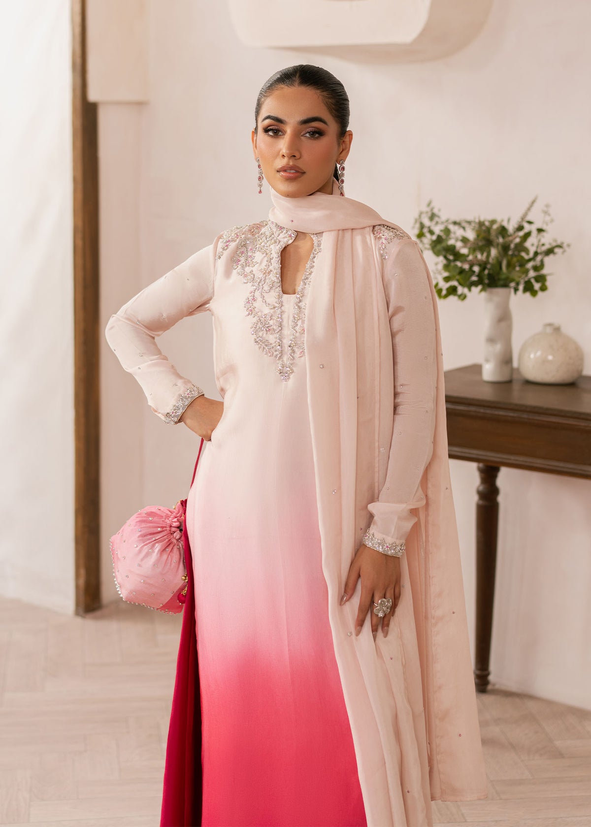 Dastoor | Rania Luxury Pret 25 | Coral M Omber Tissue Silk