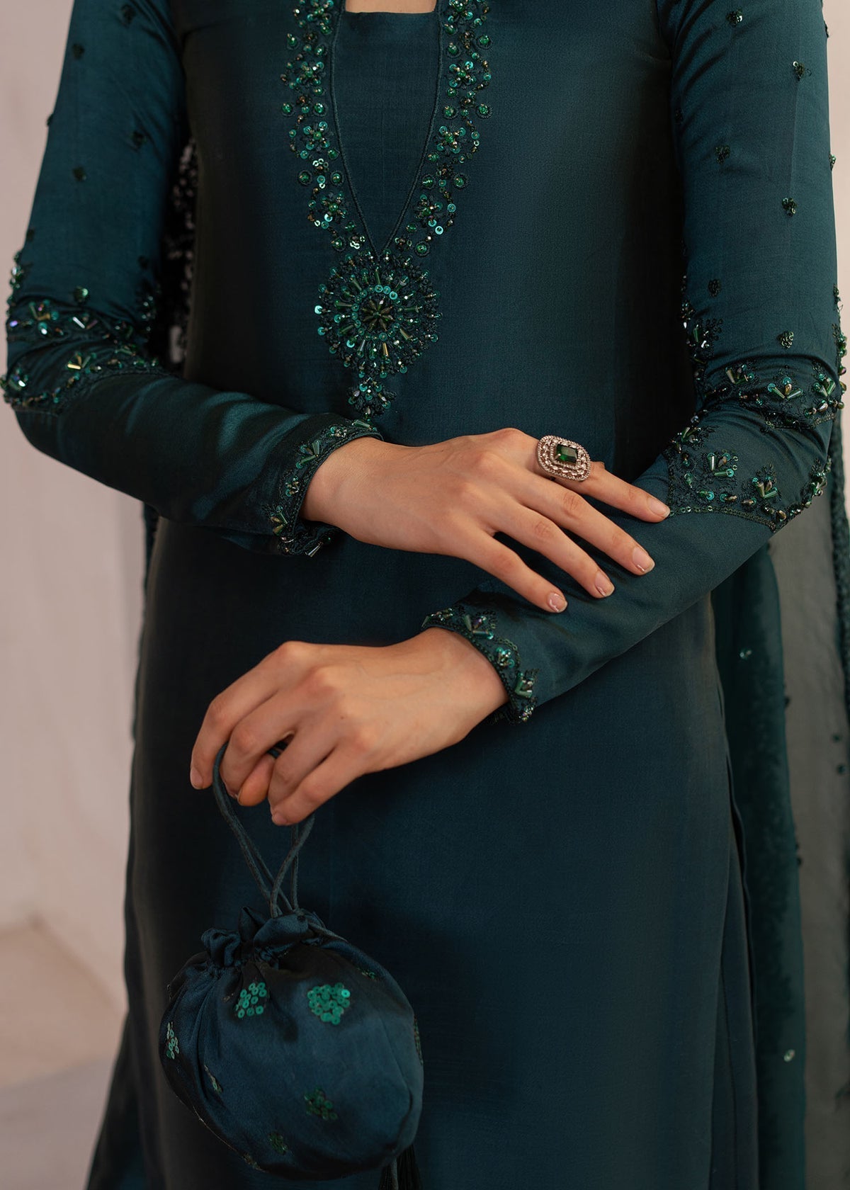 Dastoor | Rania Luxury Pret 25 | Raya M Bottle Green Tissue Silk