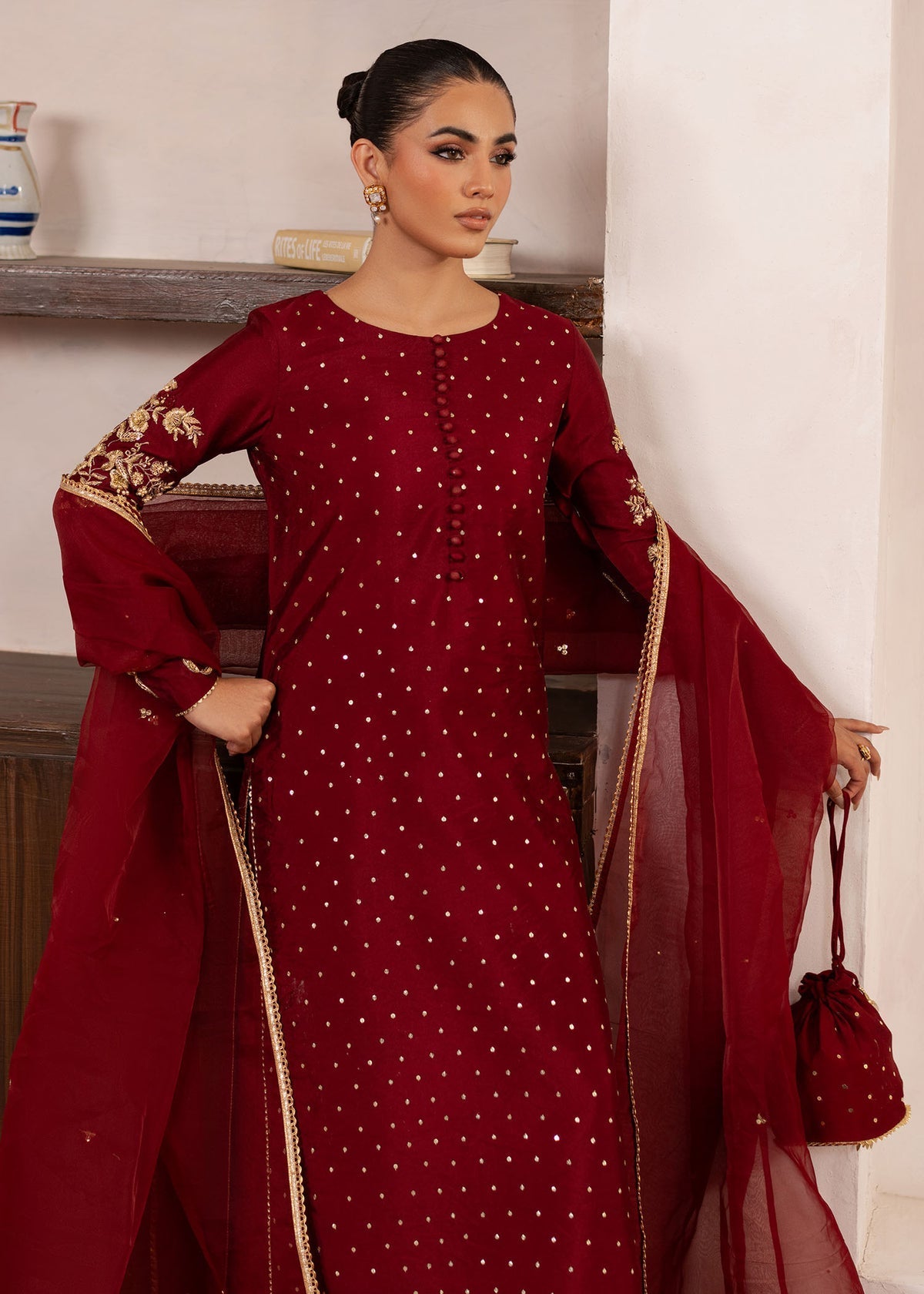 Dastoor | Rania Luxury Pret 25 | Elise L Maroon Tissue Silk