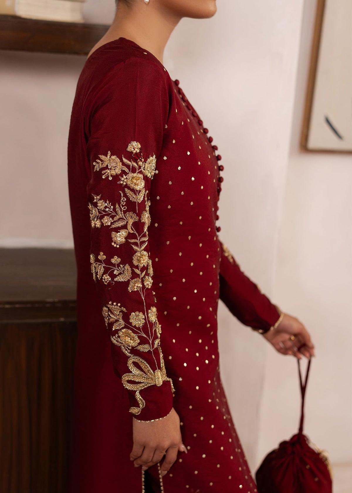 Dastoor | Rania Luxury Pret 25 | Elise M Maroon Tissue Silk