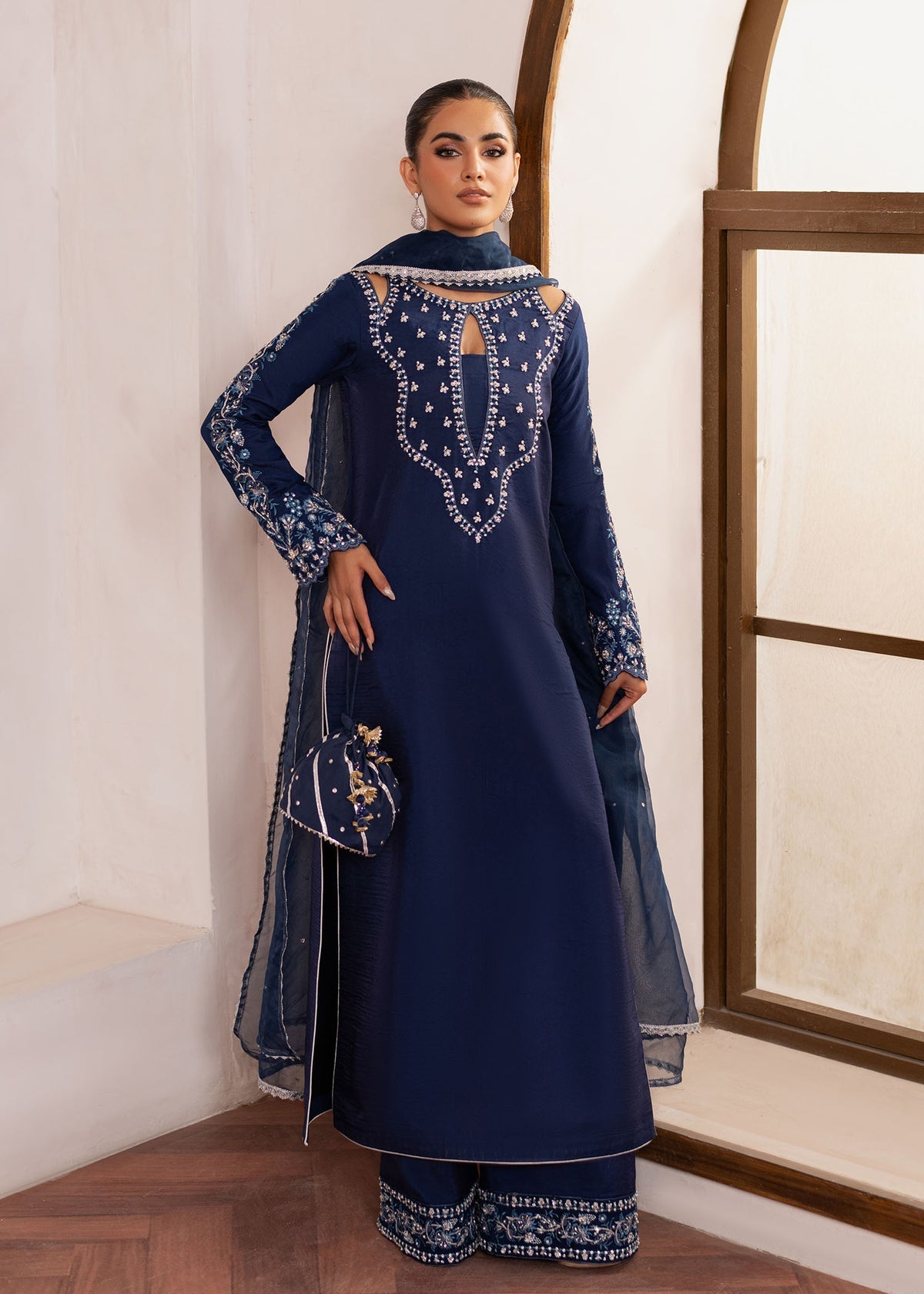 Dastoor | Rania Luxury Pret 25 | Celine L Navy Blue Korean Raw Silk