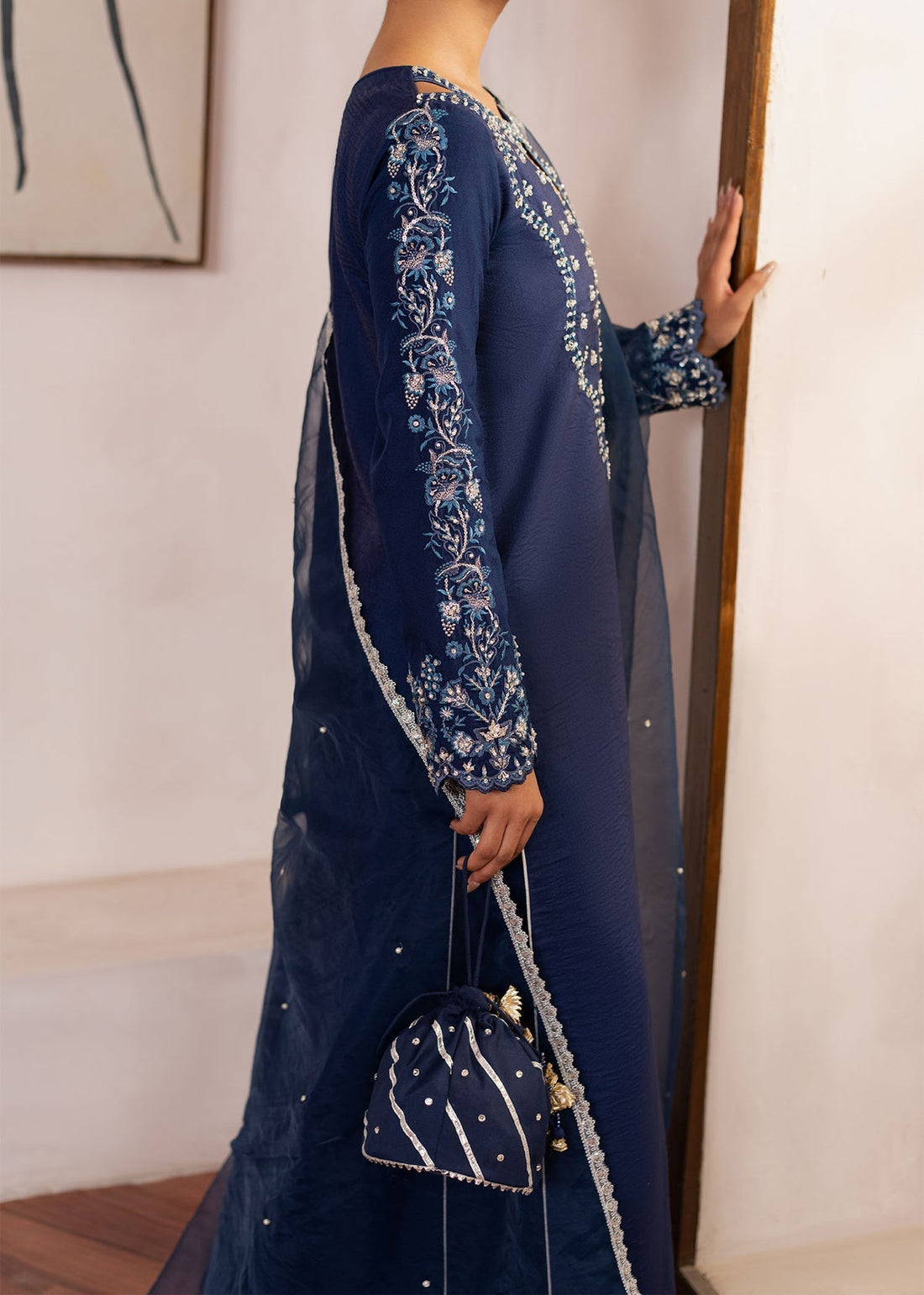 Dastoor | Rania Luxury Pret 25 | Celine XS Navy Blue Korean Raw Silk