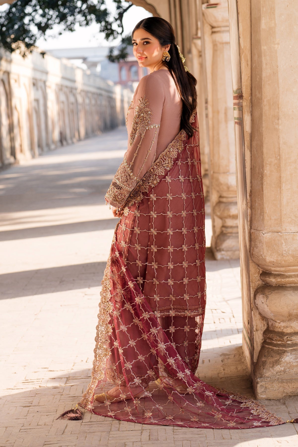 Imrozia Premium | Meeras Luxury Eid 25 | I-220 ZOHRA Custom Size Brownish Pink Organza