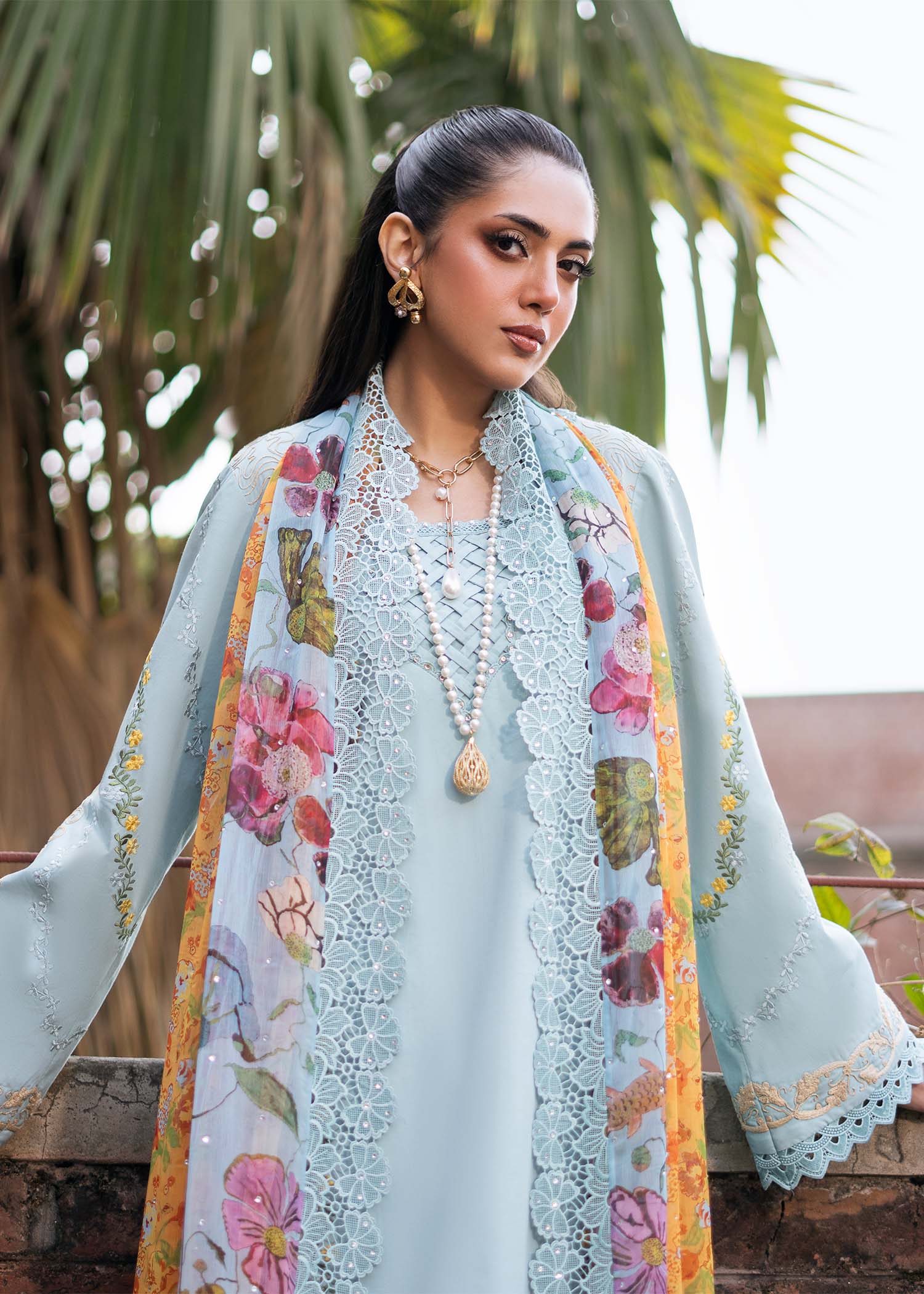 Fozia Khalid | Blossom Festive Lawn 25 |Freesia Custom Size Light Blue Lawn