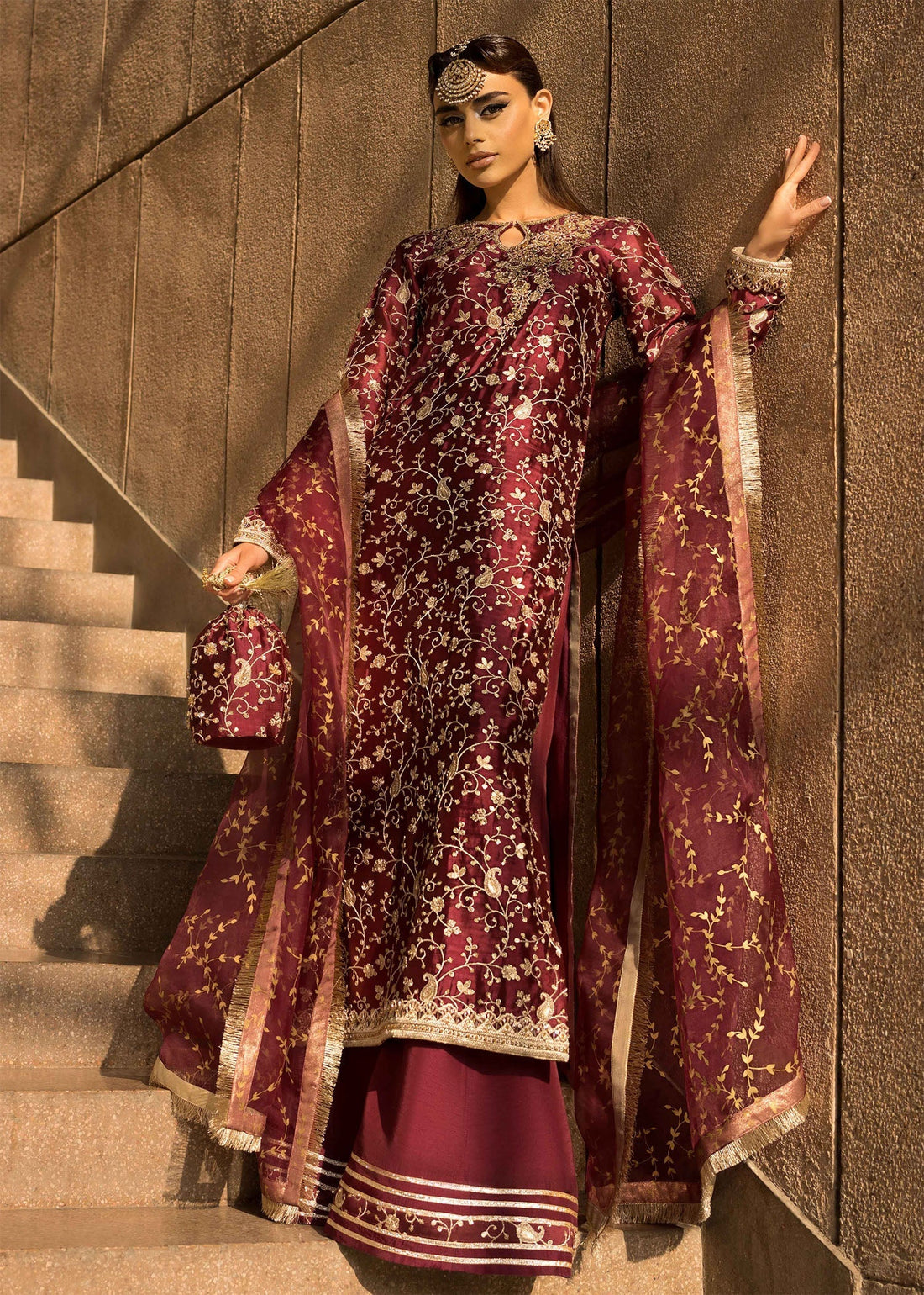 Mahum Asad | Dream a Little Dream of Me | Sassy XS Maroon Tissue Silk