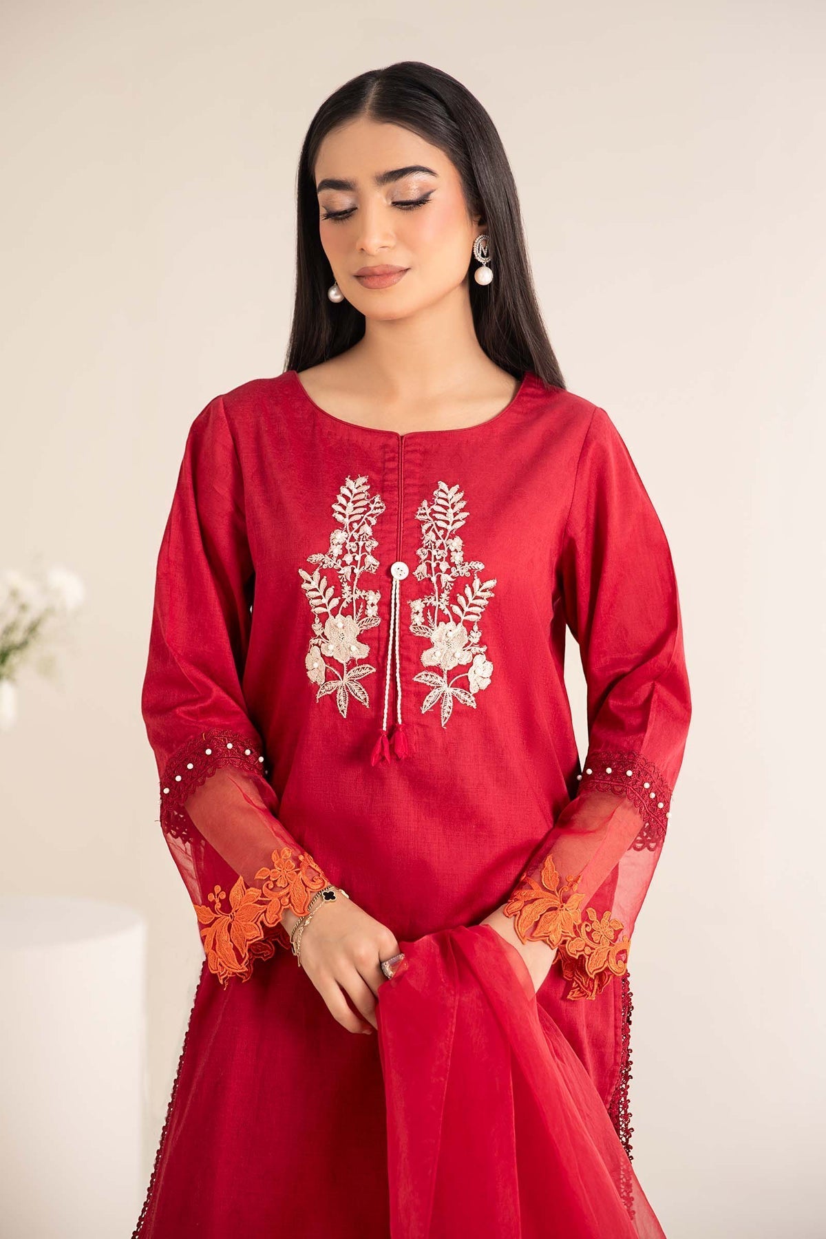 Maria B | Casual Pret 25 | DW-EF25-15 L Red Jacquard Lawn