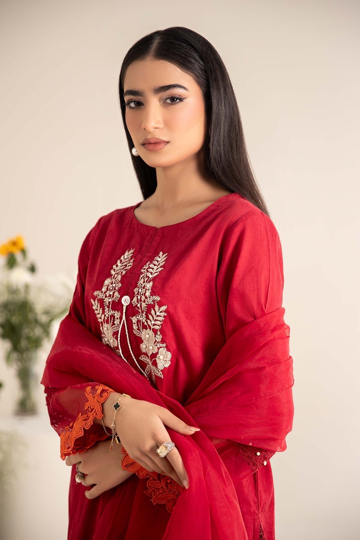 Maria B | Casual Pret 25 | DW-EF25-15 XL Red Jacquard Lawn
