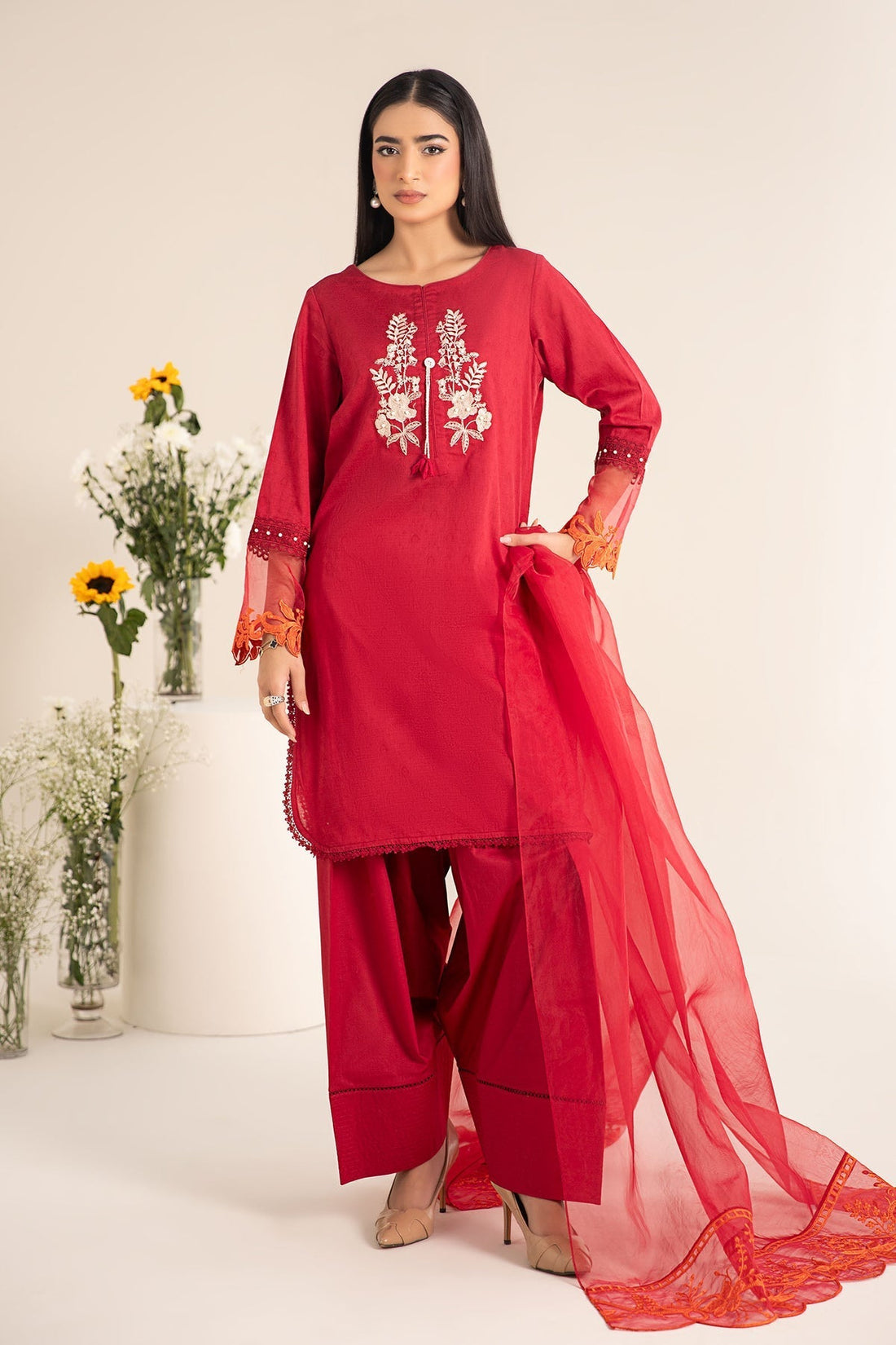 Maria B | Casual Pret 25 | DW-EF25-15 XS Red Jacquard Lawn