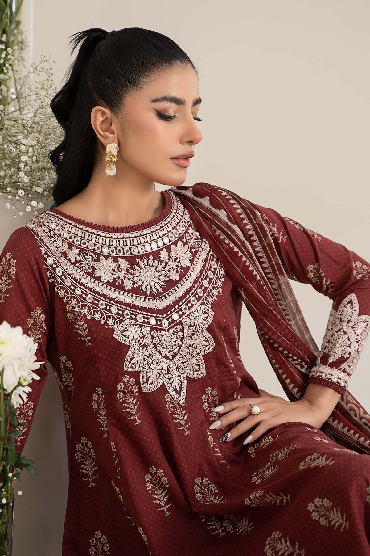 Maria B | Casual Pret 25 | DW-EF25-22 M Maroon Lawn