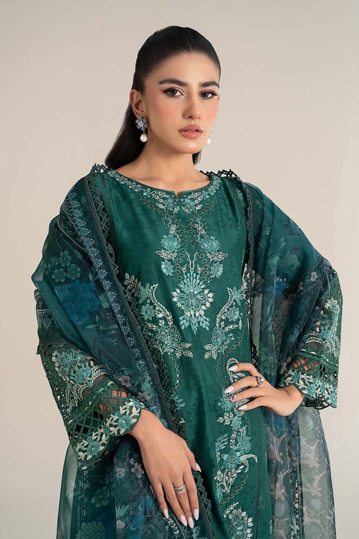 Maria B | Casual Pret 25 | DW-EF25-47 M Teal Green Jacquard Lawn