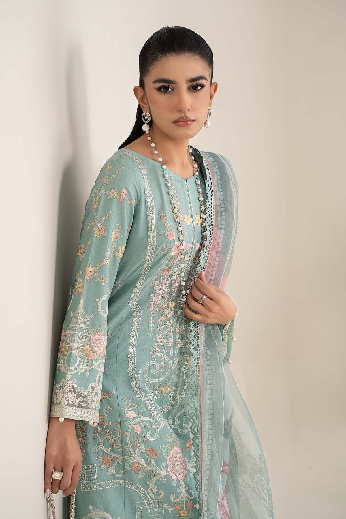 Maria B | Casual Pret 25 | DW-EF25-49 XL Ice Blue Jacquard Lawn