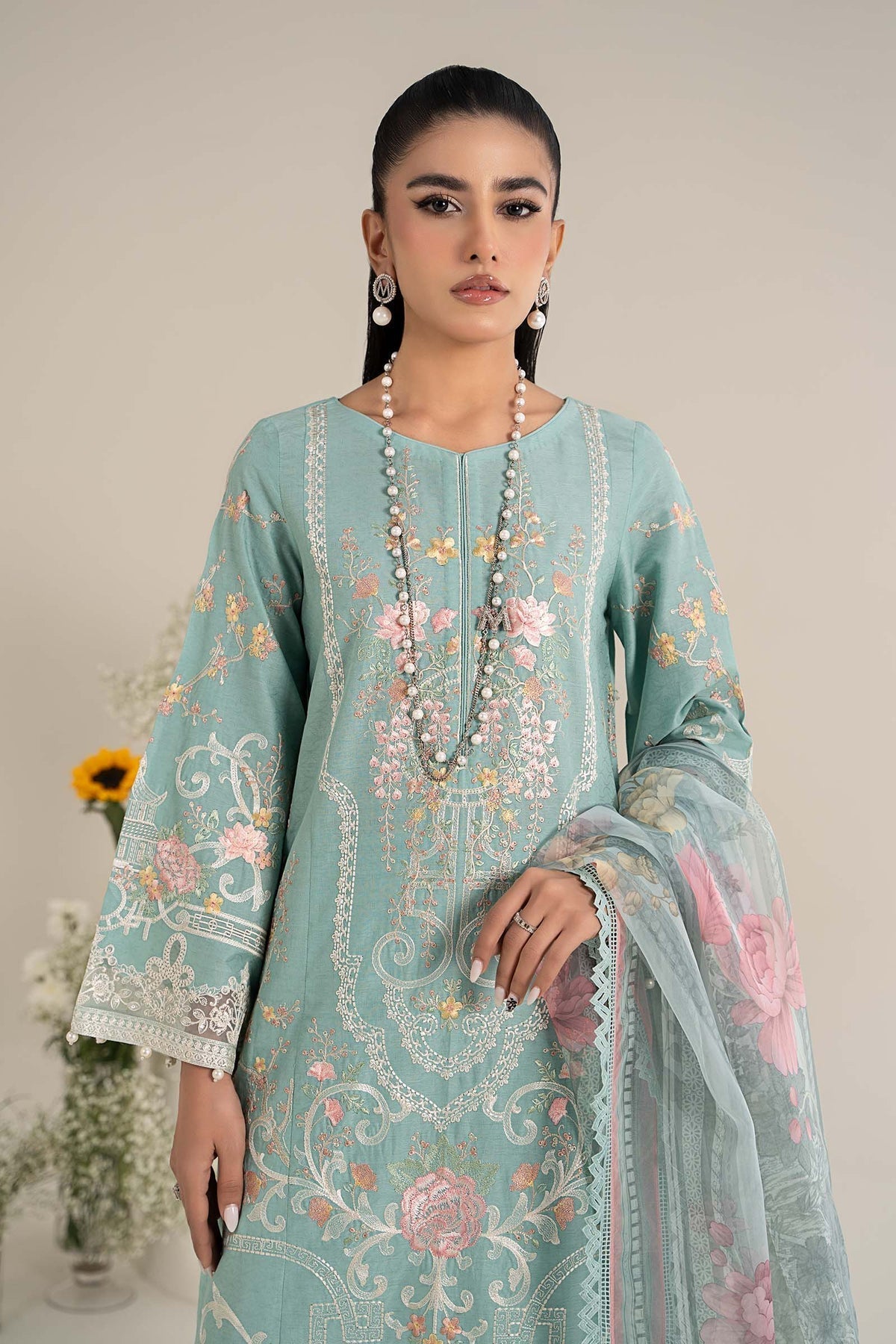 Maria B | Casual Pret 25 | DW-EF25-49 M Ice Blue Jacquard Lawn