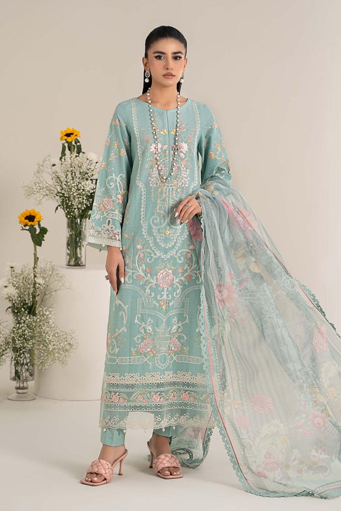 Maria B | Casual Pret 25 | DW-EF25-49 XS Ice Blue Jacquard Lawn