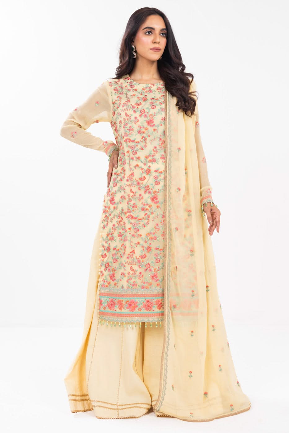 Al Karam | Festive Summer 25 | A-12 XS Pastel Yellow Chiffon