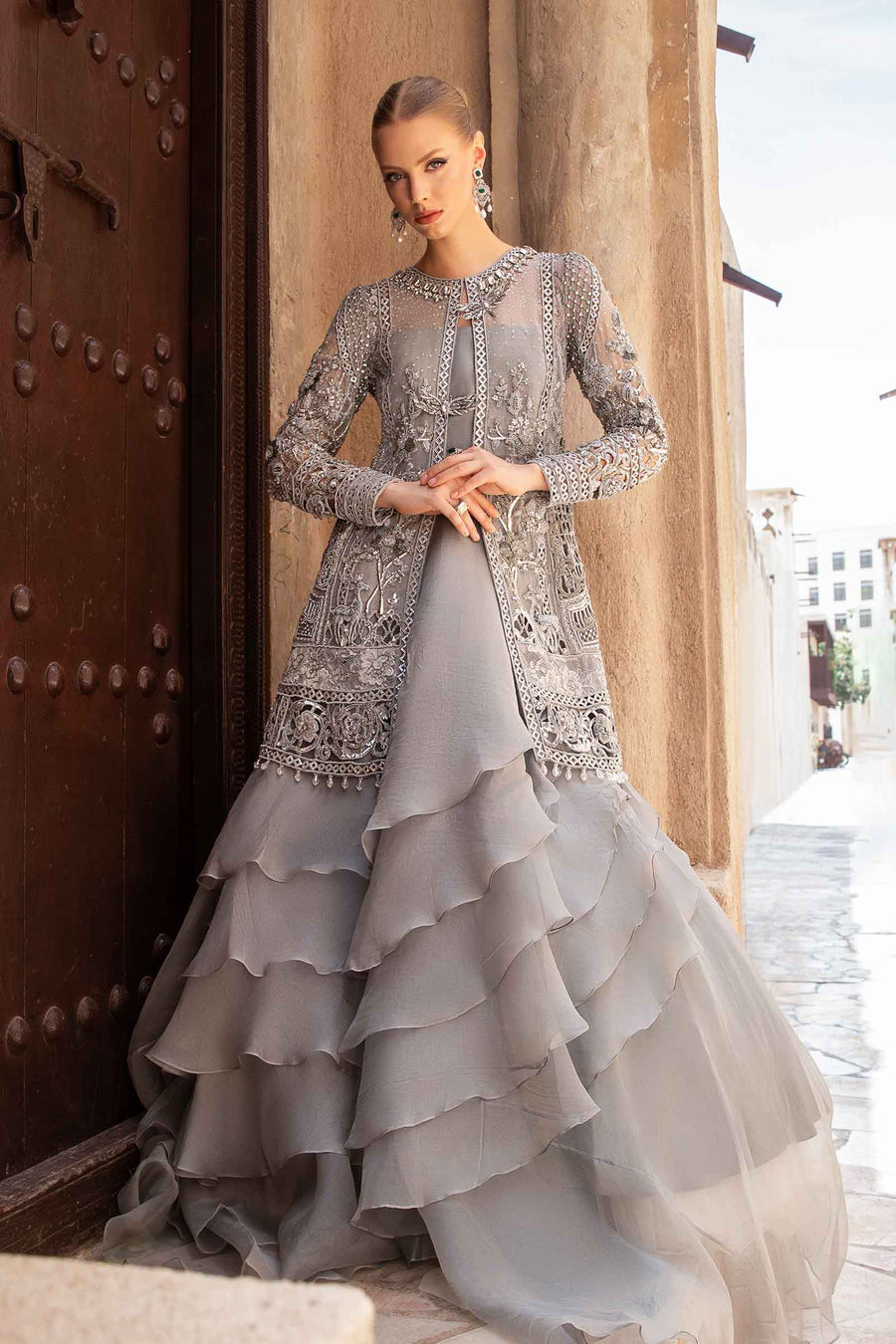 Maria B | Bridal Formals | Alora XS Gray Pure Organza