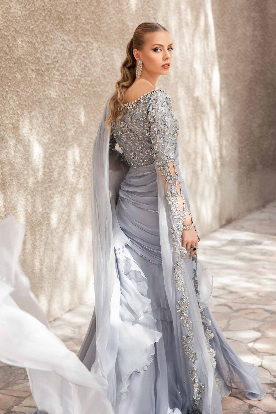 Maria B | Bridal Formals | Freya XS Gray Pure Chiffon