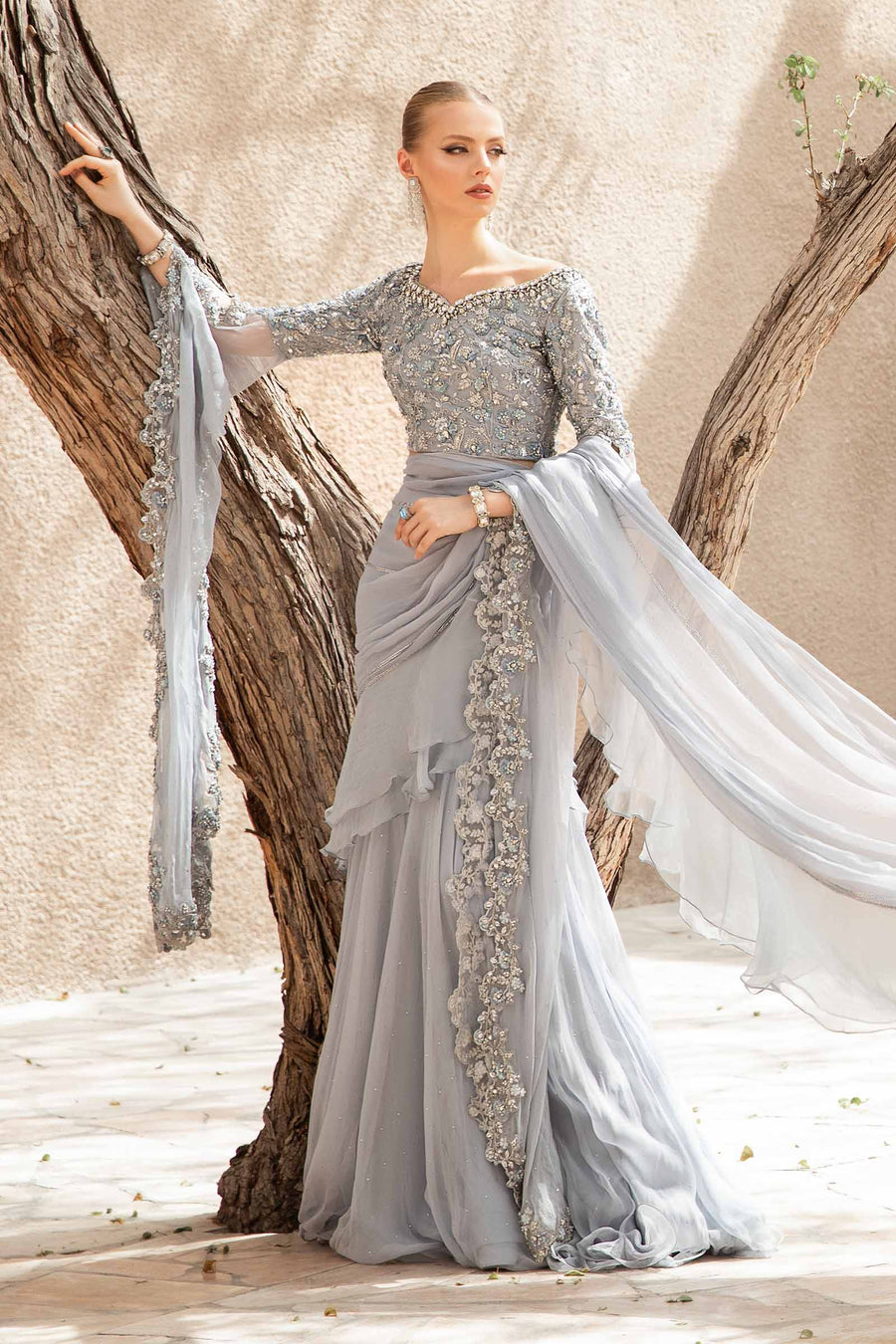 Maria B | Bridal Formals | Freya XS Gray Pure Chiffon