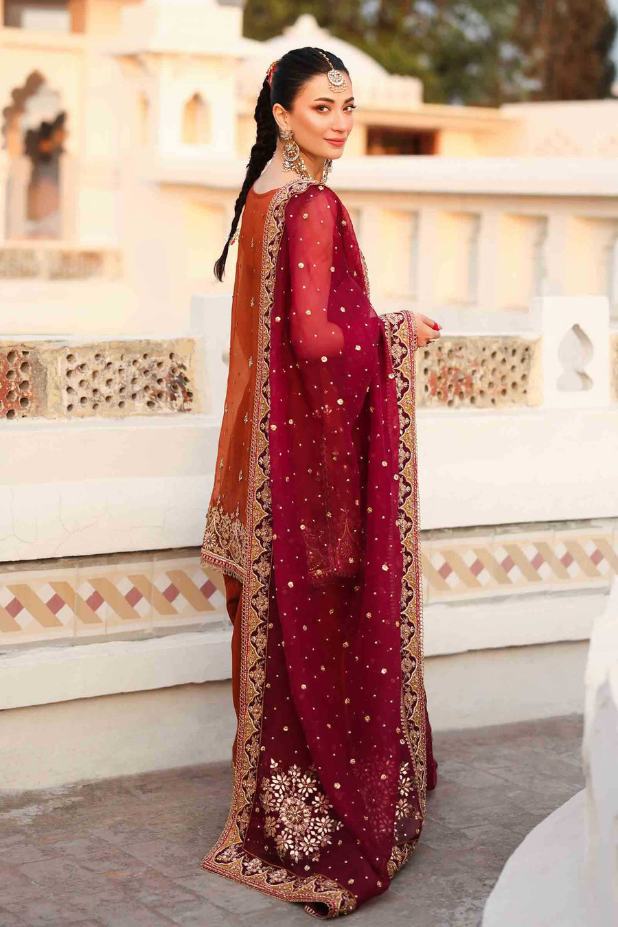 Maria B | Bridal Formals | Noor Jahan XS Rust Pure Organza