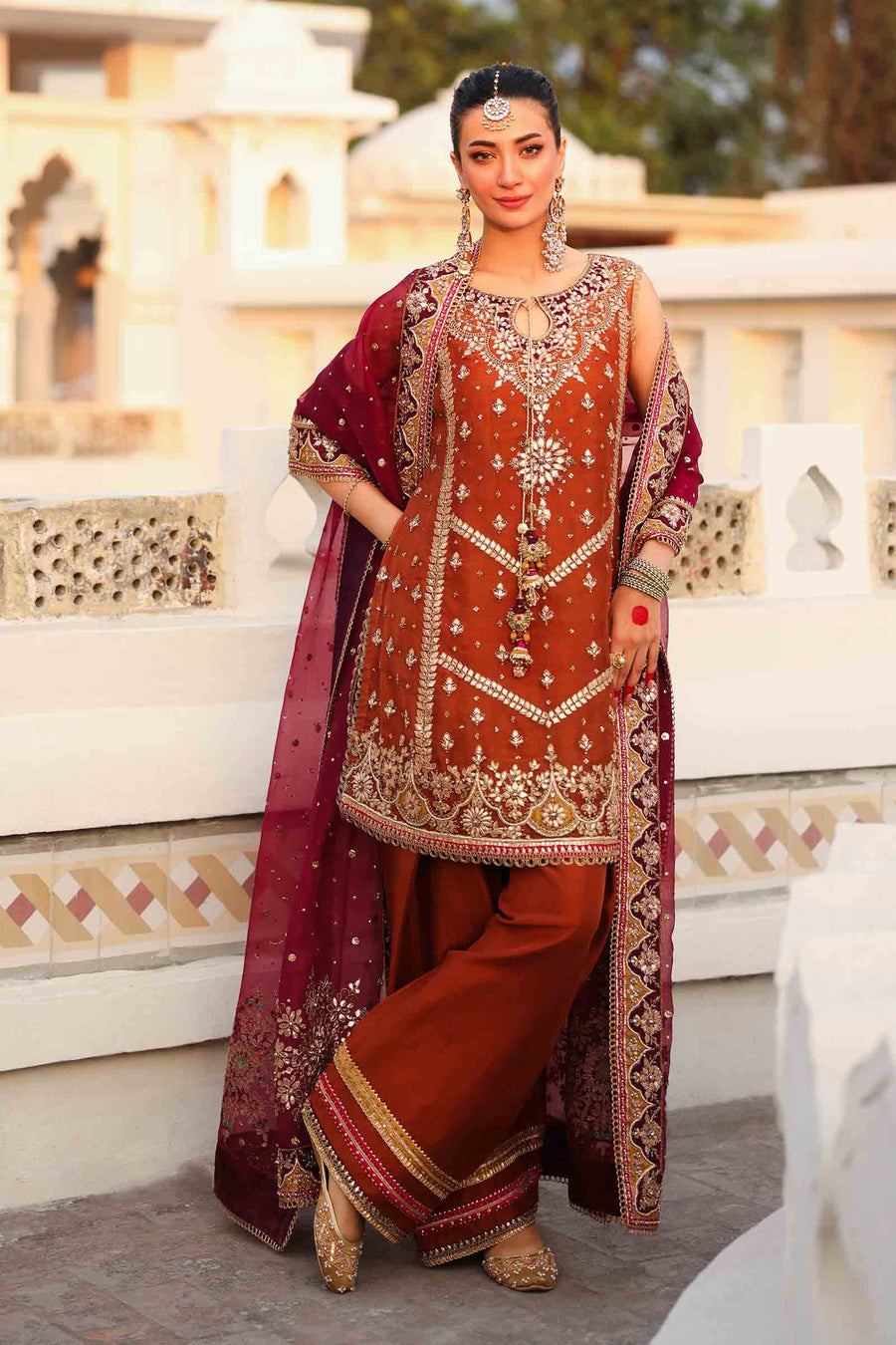 Maria B | Bridal Formals | Noor Jahan XS Rust Pure Organza