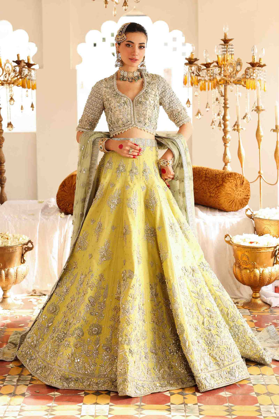 Maria B | Bridal Formals | Malika Jahan M Lime Yellow Pure Organza