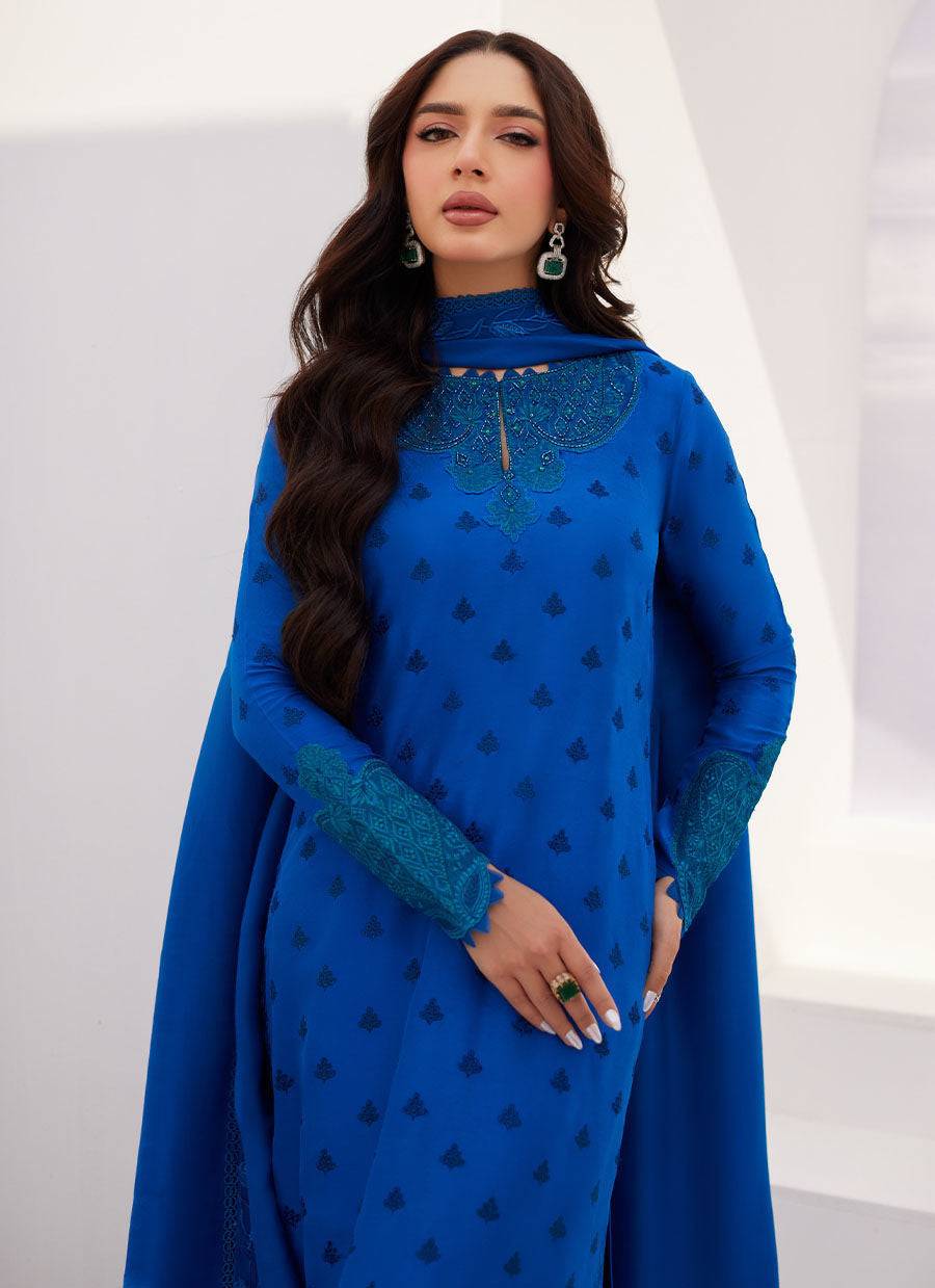 Farah Talib Aziz | Zaza Luxe Pret 24 | CHARR BLUE EMBROIDERED RAW SILK SHIRT AND DUPATTA - Pakistani Designer Dress - by Farah Talib Aziz | Type: Luxury - 100% Original at Saira Sultan