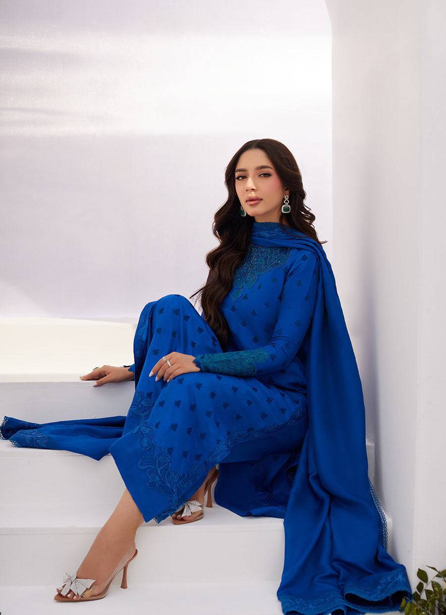 Farah Talib Aziz | Zaza Luxe Pret 24 | CHARR BLUE EMBROIDERED RAW SILK SHIRT AND DUPATTA - Pakistani Designer Dress - by Farah Talib Aziz | Type: Luxury - 100% Original at Saira Sultan