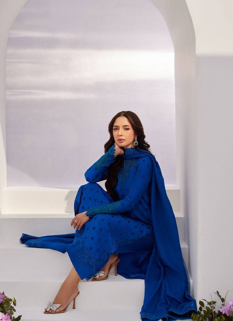 Farah Talib Aziz | Zaza Luxe Pret 24 | CHARR BLUE EMBROIDERED RAW SILK SHIRT AND DUPATTA - Pakistani Designer Dress - by Farah Talib Aziz | Type: Luxury - 100% Original at Saira Sultan