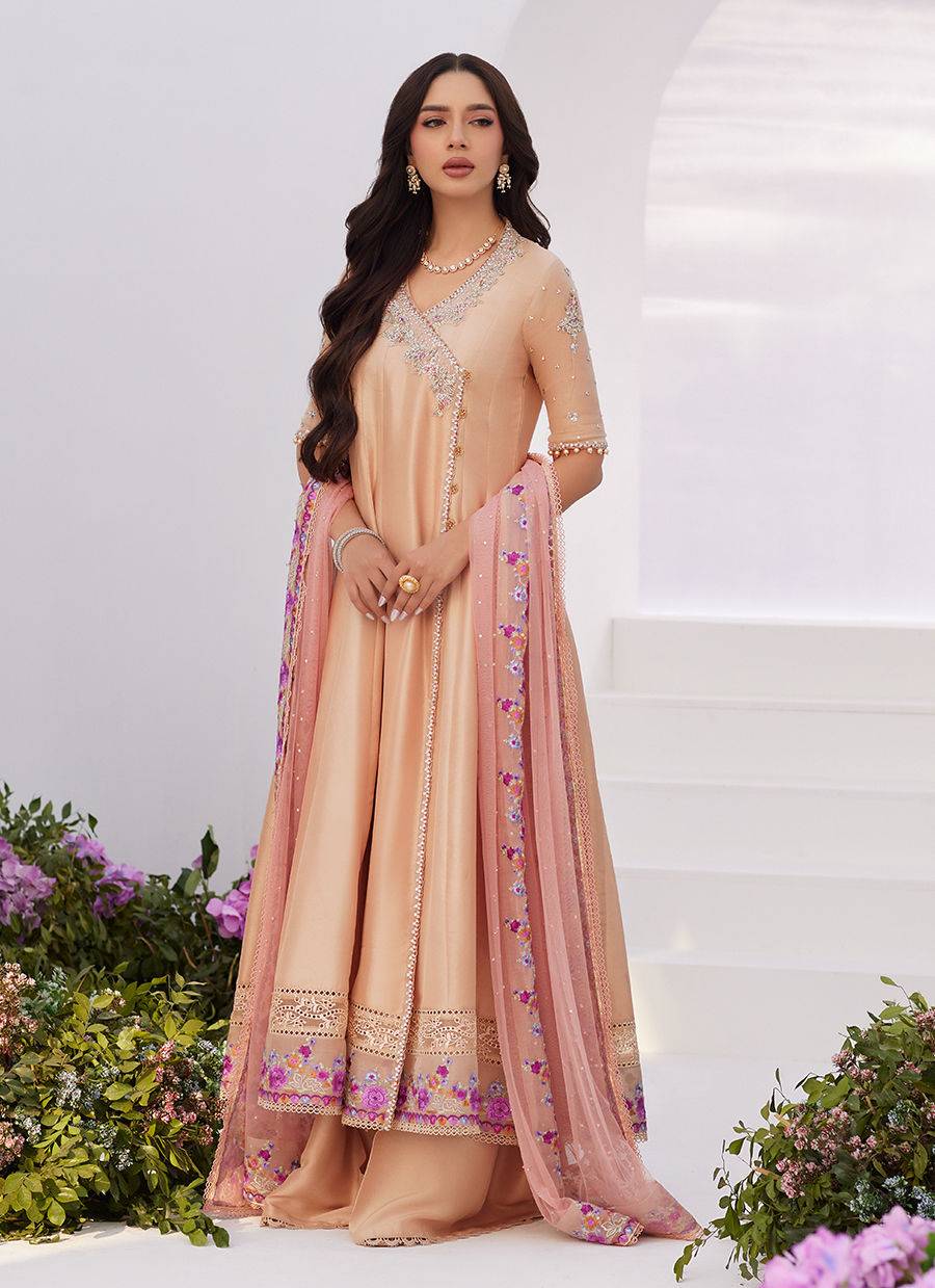 Farah Talib Aziz | Zaza Luxe Pret 24 | LISETTE FAWN EMBELLISHED RAW SILK ANGARKHA AND DUPATTA - Pakistani Designer Dress - by Farah Talib Aziz | Type: Luxury - 100% Original at Saira Sultan