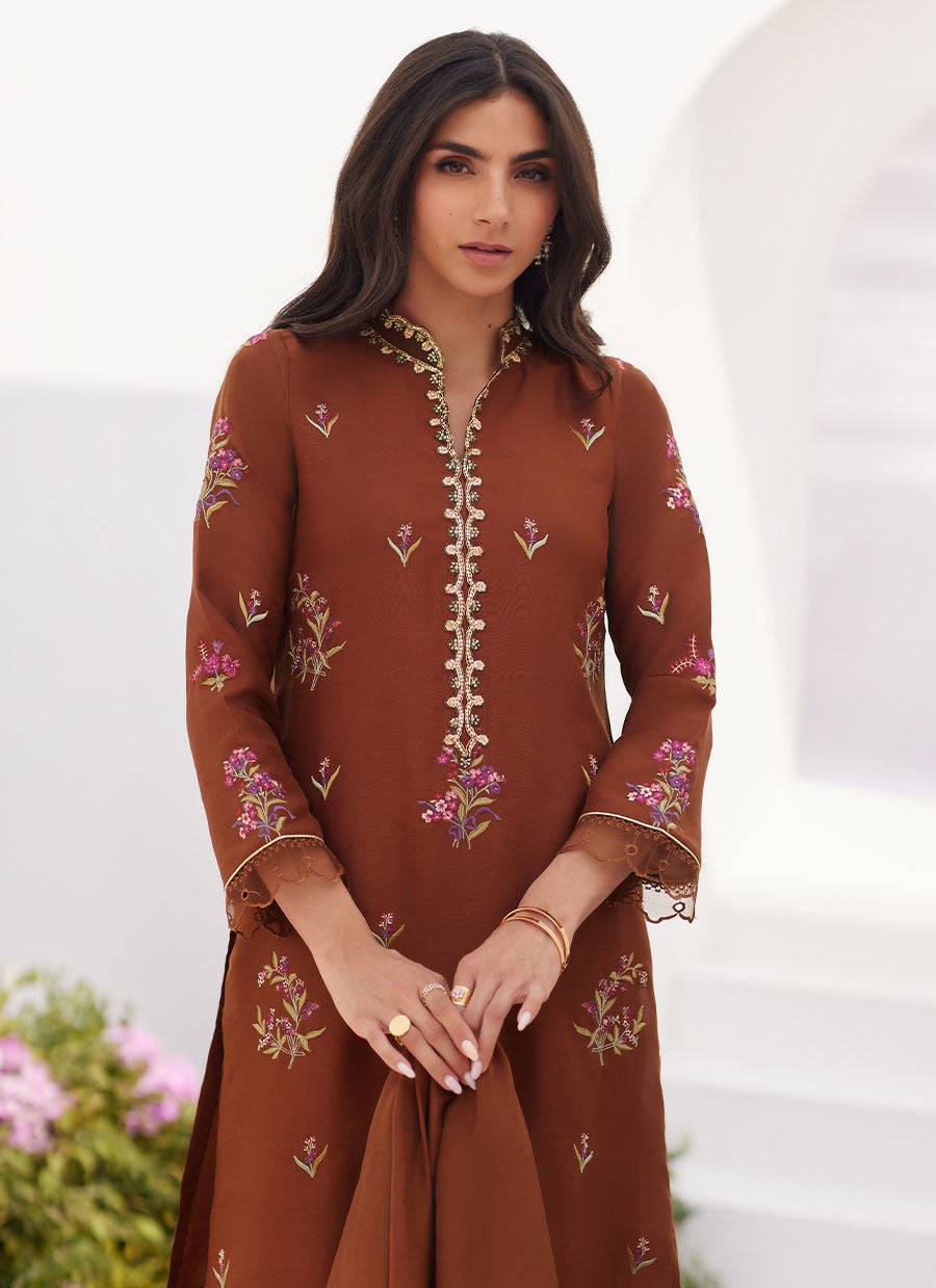 Farah Talib Aziz | Zaza Luxe Pret 24 | NOEMIE CHOCOLATE EMBROIDERED RAW SILK SHIRT AND DUPATTA - Pakistani Designer Dress - by Farah Talib Aziz | Type: Luxury - 100% Original at Saira Sultan