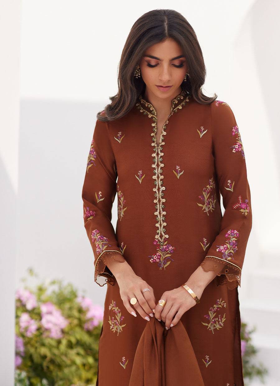 Farah Talib Aziz | Zaza Luxe Pret 24 | NOEMIE CHOCOLATE EMBROIDERED RAW SILK SHIRT AND DUPATTA - Pakistani Designer Dress - by Farah Talib Aziz | Type: Luxury - 100% Original at Saira Sultan