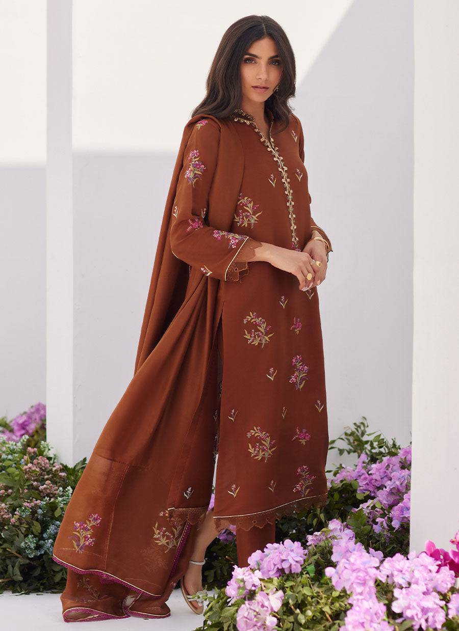 Farah Talib Aziz | Zaza Luxe Pret 24 | NOEMIE CHOCOLATE EMBROIDERED RAW SILK SHIRT AND DUPATTA - Pakistani Designer Dress - by Farah Talib Aziz | Type: Luxury - 100% Original at Saira Sultan