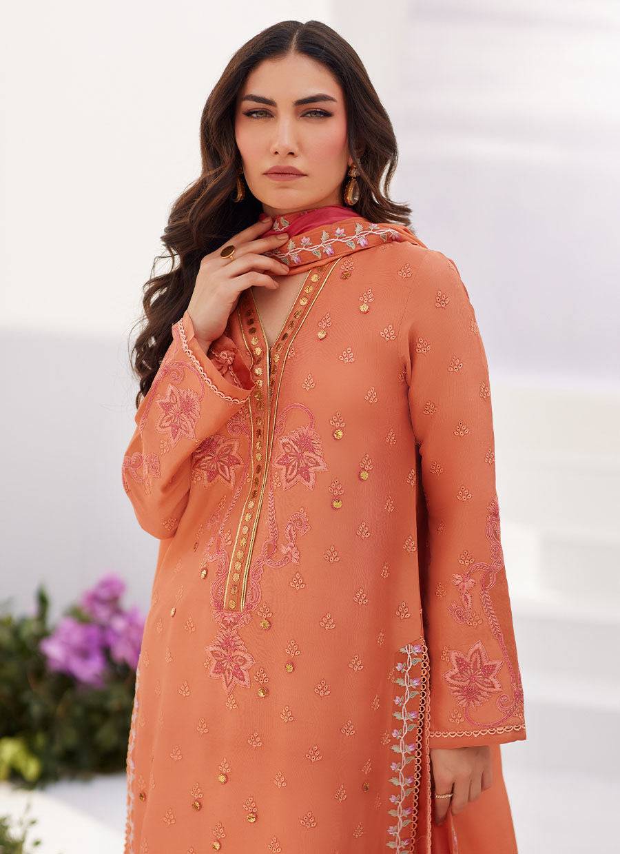 Farah Talib Aziz | Zaza Luxe Pret 24 | ELYNA CORAL EMBROIDERED RAW SILK SHIRT AND DUPATTA - Pakistani Designer Dress - by Farah Talib Aziz | Type: Luxury - 100% Original at Saira Sultan