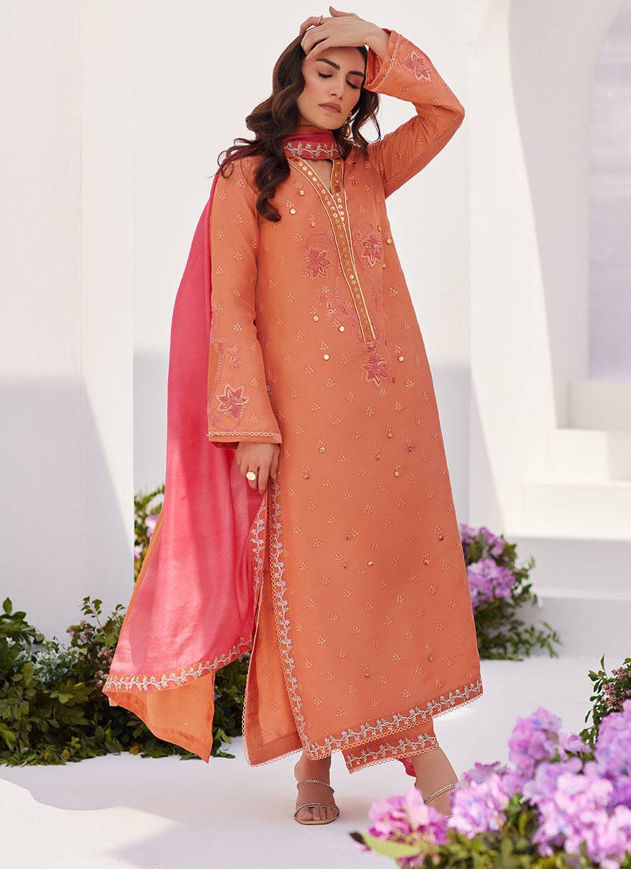 Farah Talib Aziz | Zaza Luxe Pret 24 | ELYNA CORAL EMBROIDERED RAW SILK SHIRT AND DUPATTA - Pakistani Designer Dress - by Farah Talib Aziz | Type: Luxury - 100% Original at Saira Sultan