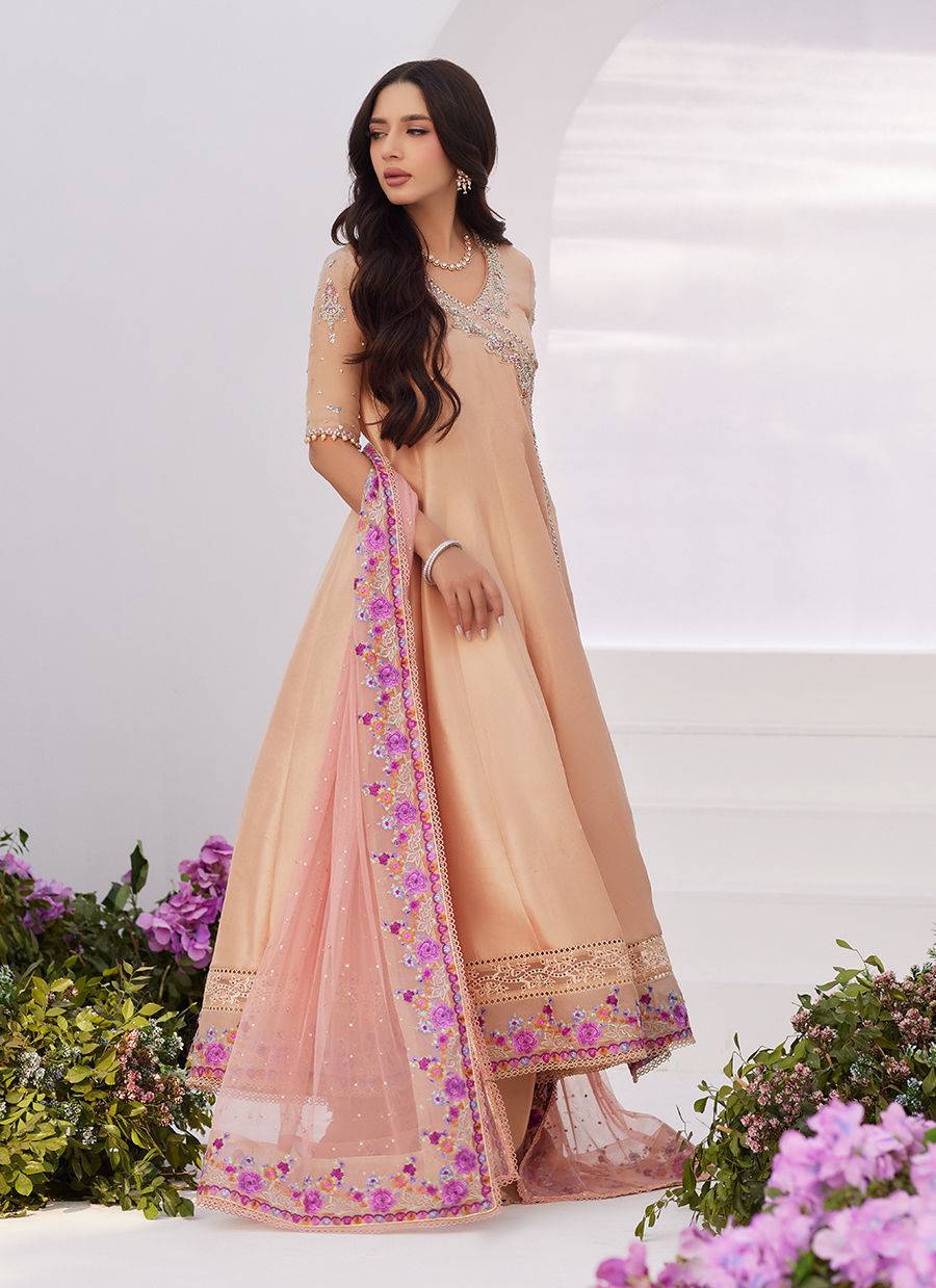 Farah Talib Aziz | Zaza Luxe Pret 24 | LISETTE FAWN EMBELLISHED RAW SILK ANGARKHA AND DUPATTA - Pakistani Designer Dress - by Farah Talib Aziz | Type: Luxury - 100% Original at Saira Sultan