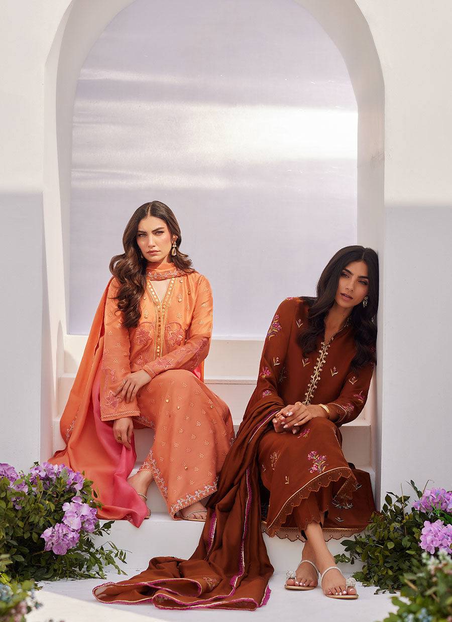 Farah Talib Aziz | Zaza Luxe Pret 24 | ELYNA CORAL EMBROIDERED RAW SILK SHIRT AND DUPATTA - Pakistani Designer Dress - by Farah Talib Aziz | Type: Luxury - 100% Original at Saira Sultan