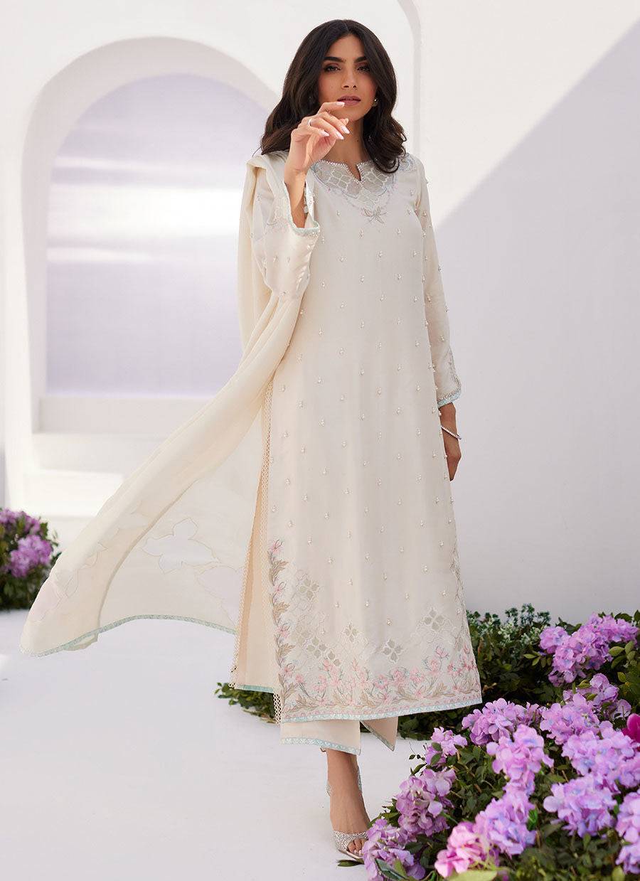 Farah Talib Aziz | Zaza Luxe Pret 24 | LYA IVORY EMBELLISHED RAW SILK SHIRT AND DUPATTA - Pakistani Designer Dress - by Farah Talib Aziz | Type: Luxury - 100% Original at Saira Sultan