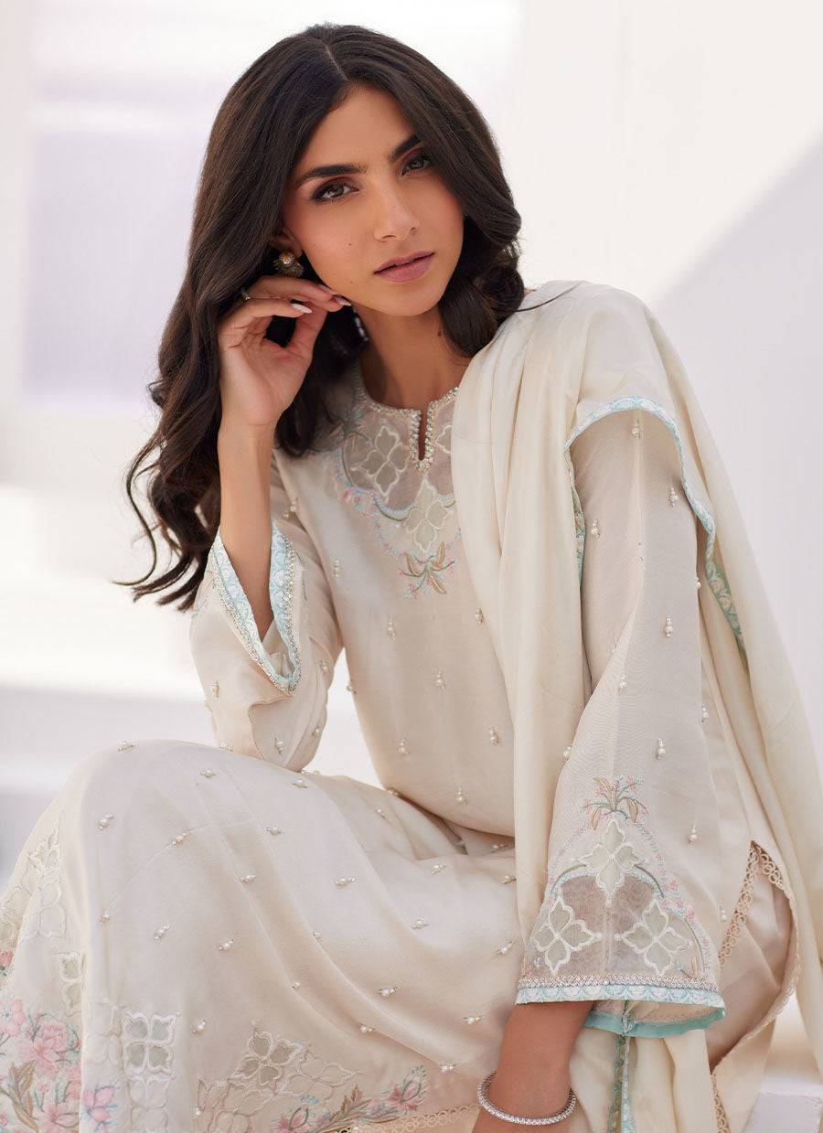 Farah Talib Aziz | Zaza Luxe Pret 24 | LYA IVORY EMBELLISHED RAW SILK SHIRT AND DUPATTA - Pakistani Designer Dress - by Farah Talib Aziz | Type: Luxury - 100% Original at Saira Sultan